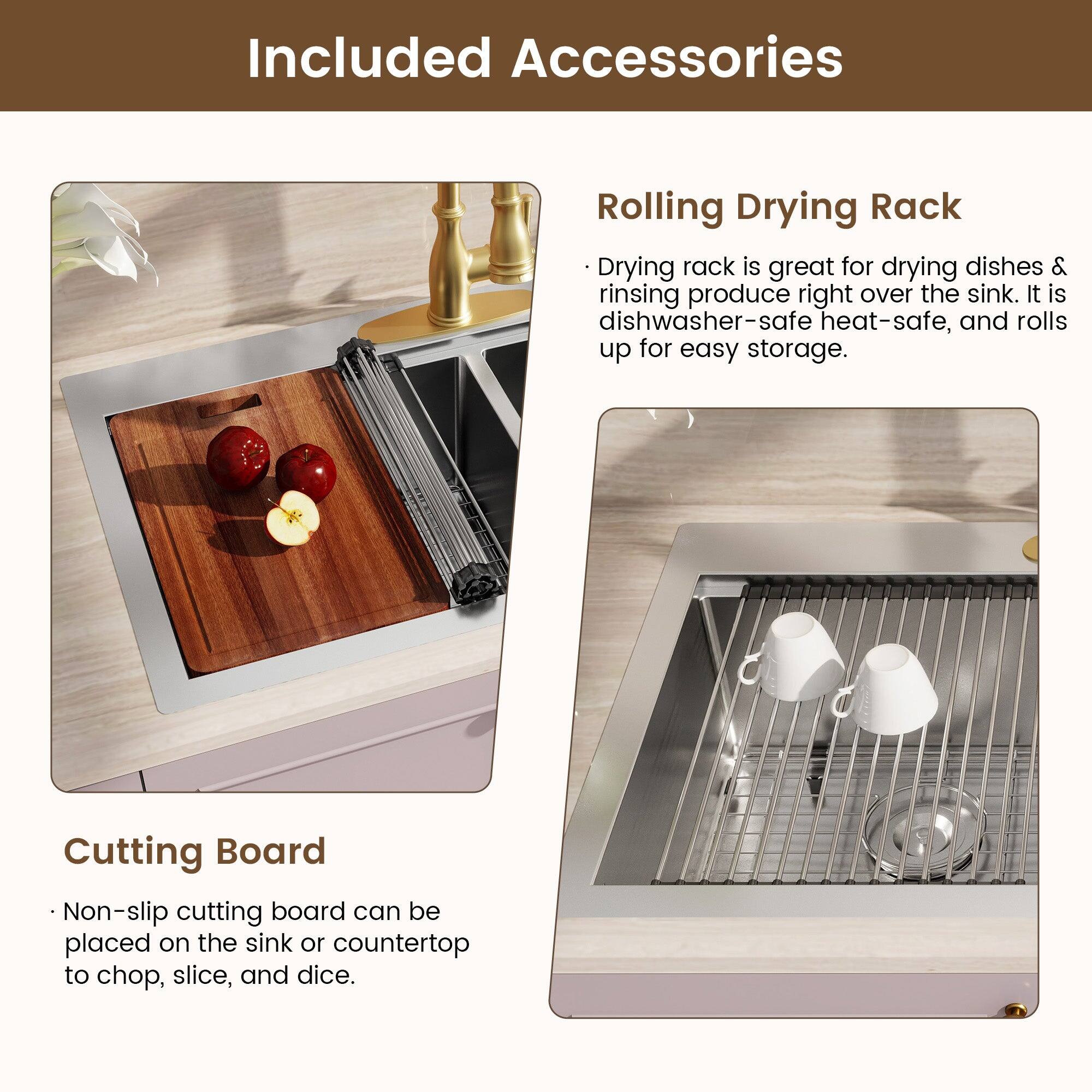 Included Accessories
Rolling Drying Rack
Drying rack is great for drying dishes & rinsing produce right over the sink. It is dishwasher-safe heat-safe, and rolls up for easy storage.
Cutting Board
Non-slip cutting board can be placed on the sink or countertop to chop, slice, and dice.
