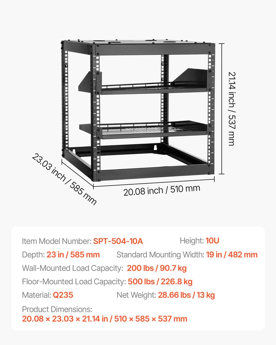 VEVOR 10U Open Frame Network Rack, 23 in Depth, Wall Mounted or Floor ...
