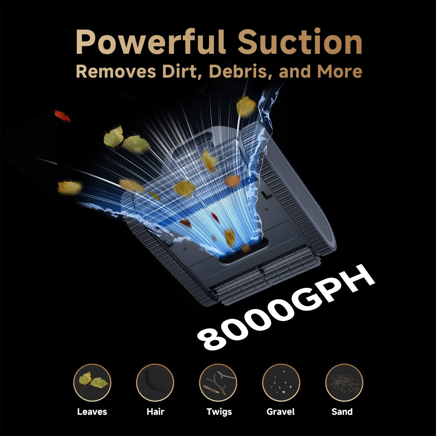 Powerful Suction Removes Dirt, Debris, and More Leaves 8000GPH Hair Twigs Gravel Sand