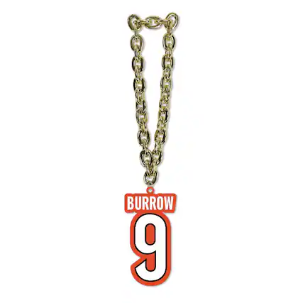 Front. MOJO - Joe Burrow Cincinnati Bengals Player Fan Chain Necklace - Orange.