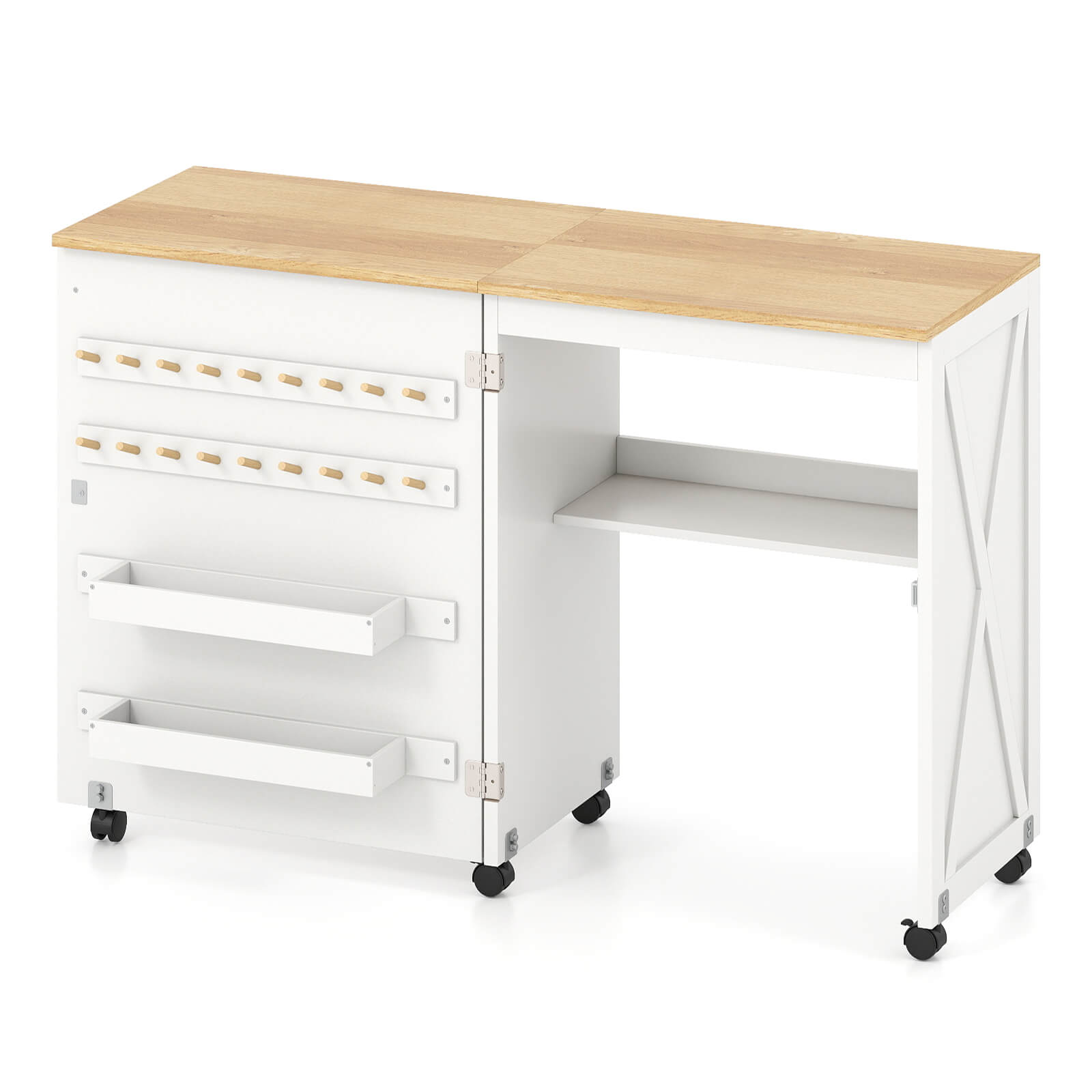 Front. Gymax - Gymax Folding Sewing Table w/ Compact Design Storage Shelf 2 Trays and 18 Pegs - White.