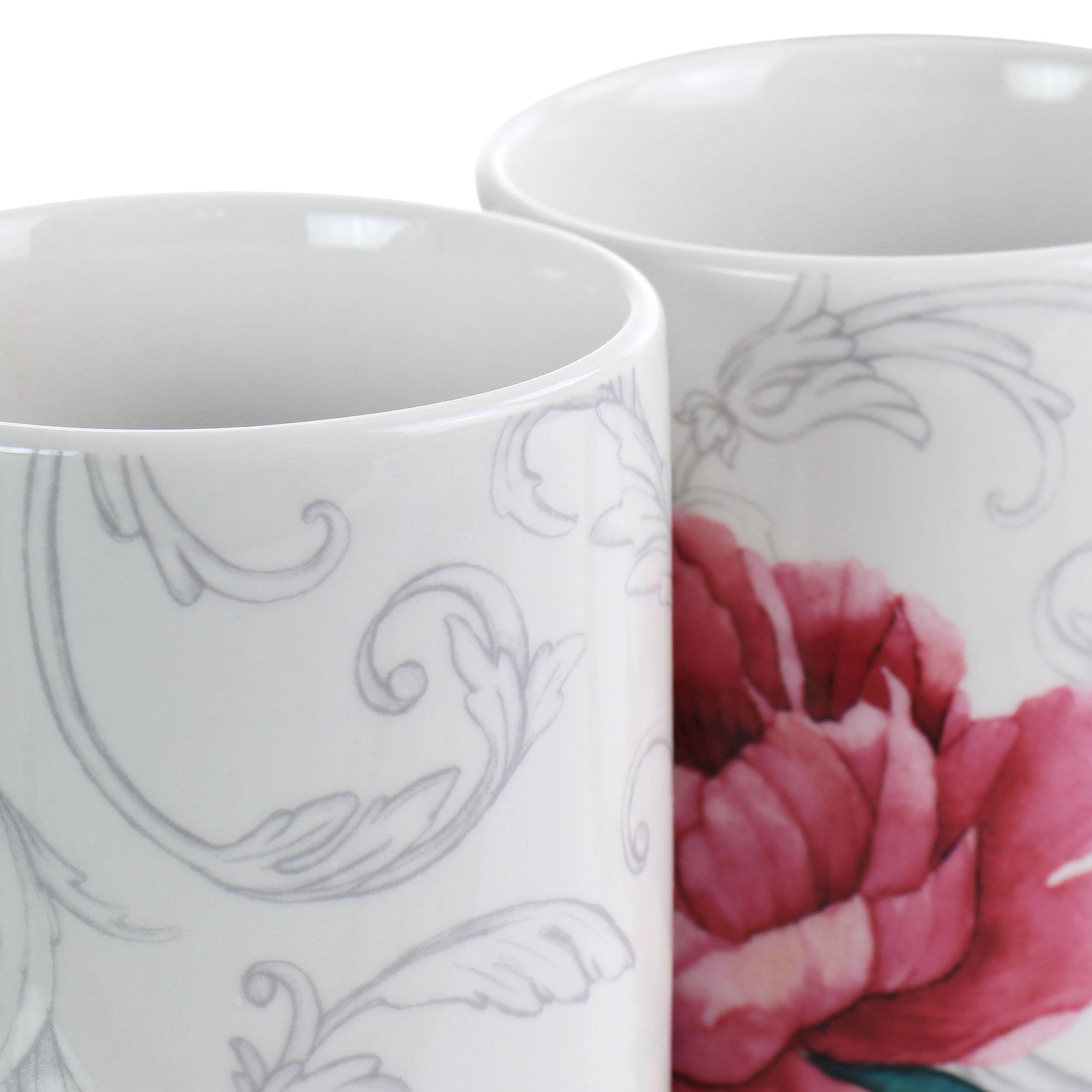 Alt View 3. Martha Stewart - Martha Stewart Peony 4 Piece 16 Ounce Fine Ceramic Mug Set in White and Pink - Pink.