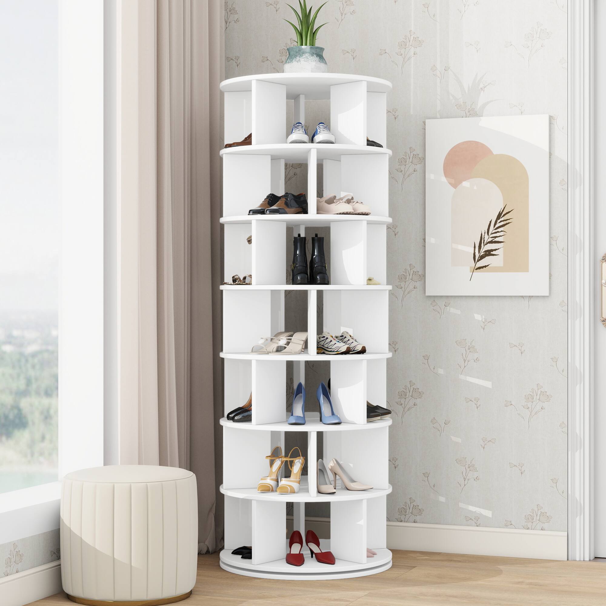 Alt View 1. Ecooso - 23.6" 360° Rotating Bookcase Shoe Rack Tower, 7-Tier Shelf with 5 Grids Per Layer - White.