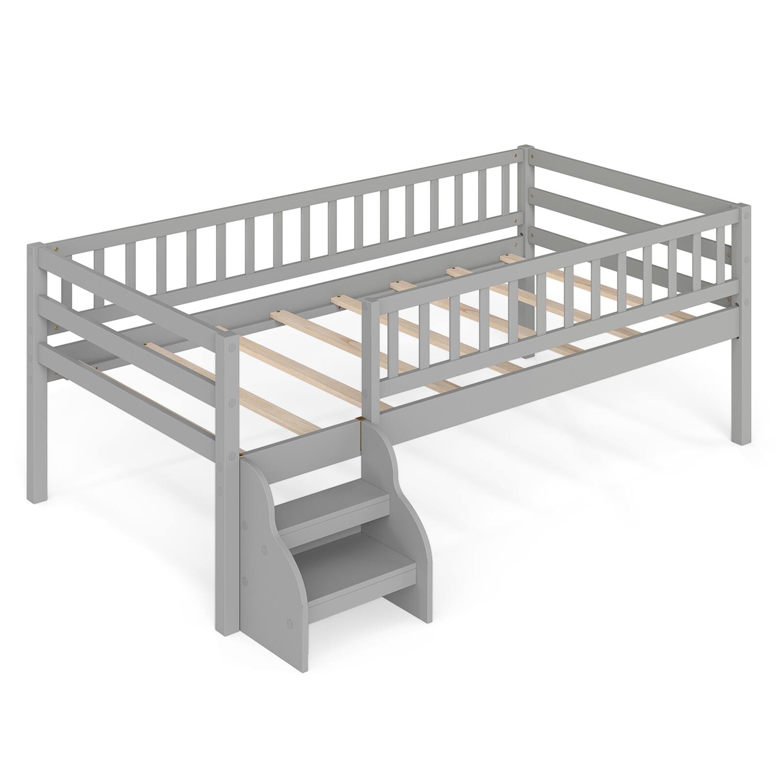 Alt View 9. Costway - Costway Twin Size Montessori Bed with Stairs Guardrails Wooden Slat Support Under Bed Space - Gray.