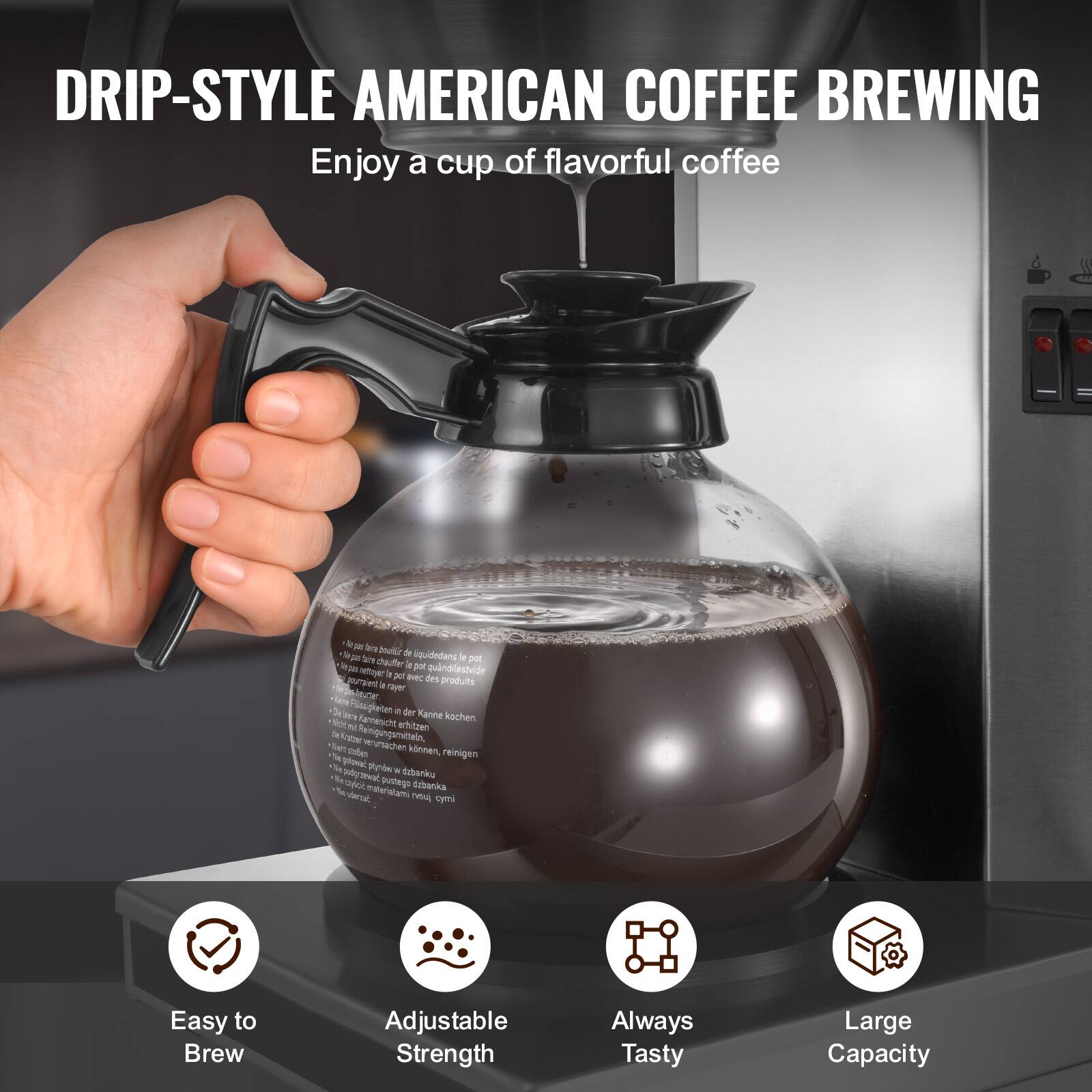 DRIP-STYLE AMERICAN COFFEE BREWING  
Enjoy a cup of flavorful coffee

Easy to Brew  
Adjustable Strength  
Always Tasty  
Large Capacity