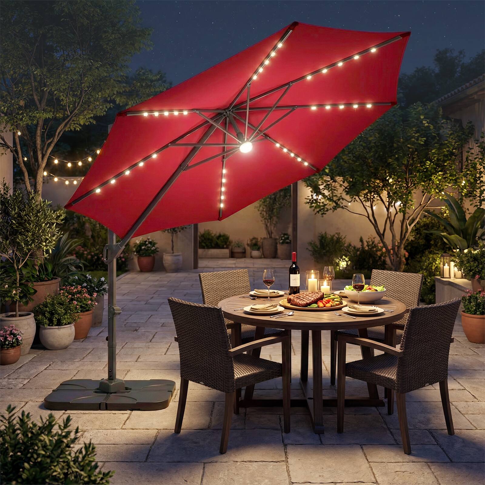 Alt View 3. Costway - Costway 10 FT Cantilever Patio Umbrella with 35 Solar LED Lights 220 LBS Base 360° Rotation - Wine + Black.