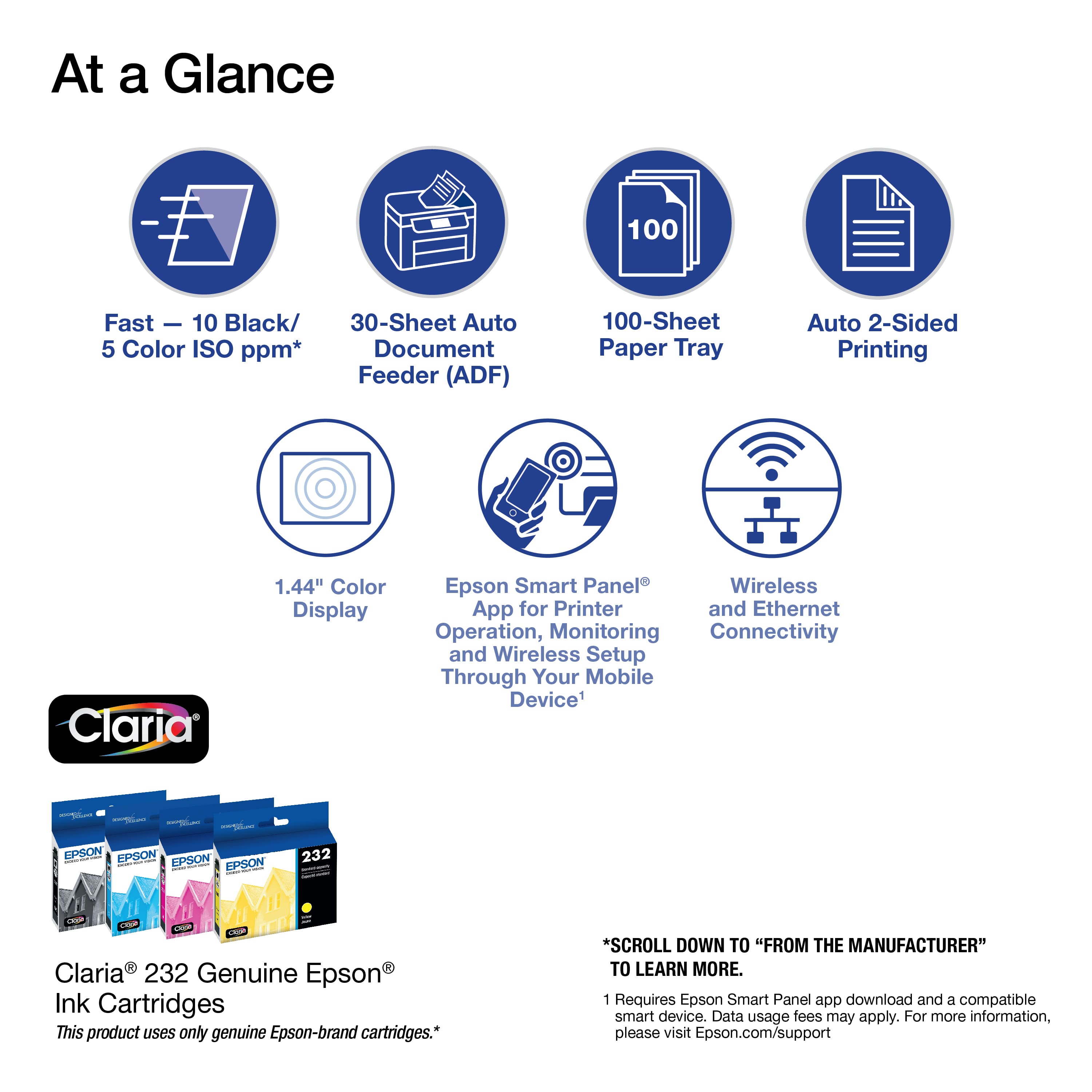 At a Glance:
1. 100 Fast - 10 Black/ 30-Sheet Auto 5 Color ISO ppm* Document Feeder (ADF)
2. 100-Sheet Paper Tray
3. Auto 2-Sided Printing
4. Claria 1.44" Color Display
5. Epson Smart Panel
6. Wireless App for Printer and Ethernet Operation, Monitoring Connectivity and Wireless Setup Through Your Mobile Device
7. EPSON EPSON EPSON I EPSON 232 - VP FeP 1 Claria 232 Genuine Epson Ink Cartridges
This product uses only genuine Epson-brand cartridges.
*SCROLL DOWN TO "FROM THE MANUFACTURER"
LEARN MORE.
1 Requires Epson Smart Panel app download and a compatible smart device. Data usage fees may apply. For more information, please visit Epson.com/support