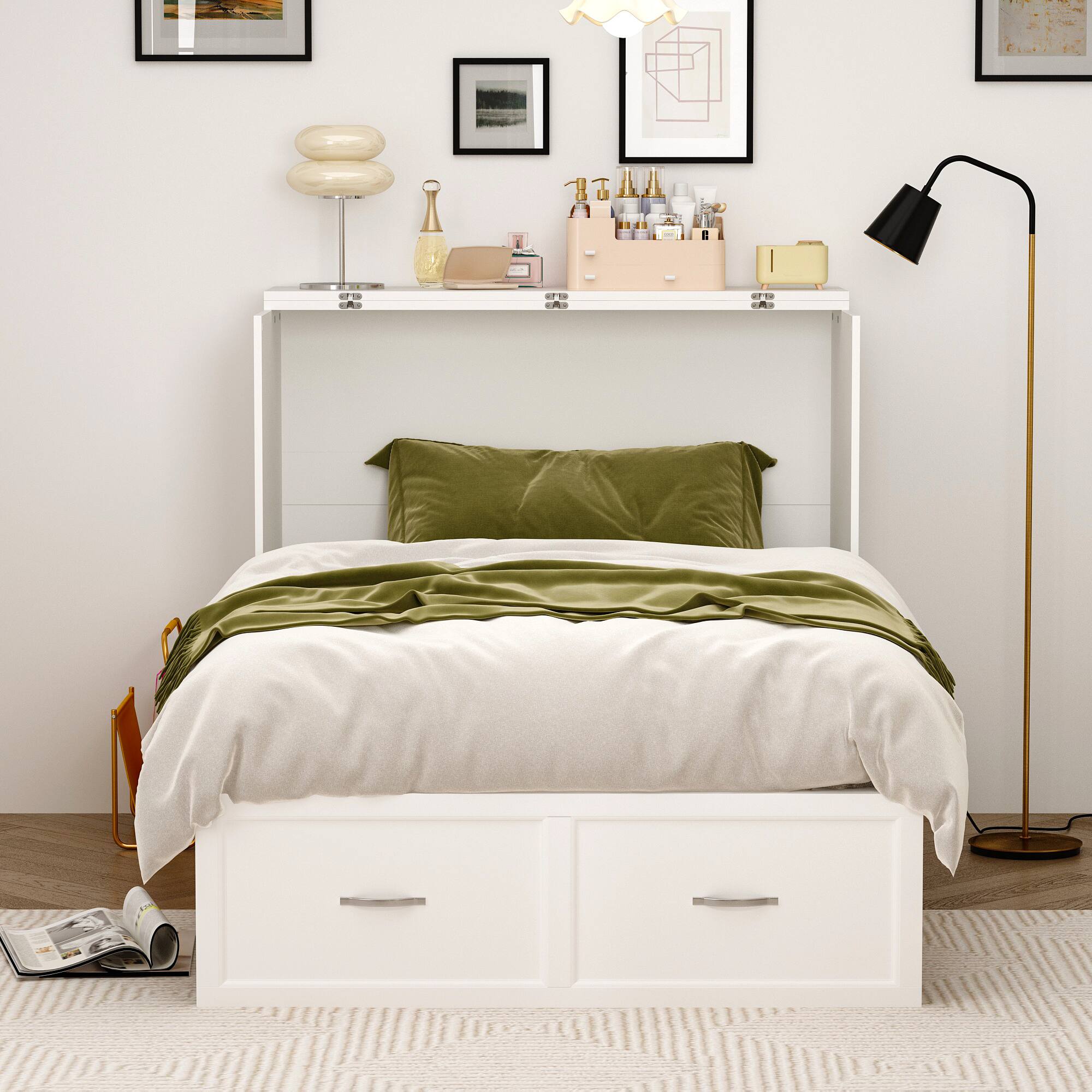 Left. FUFU&GAGA - Twin - Size Space Saving Murphy Bed for Small Spaces, Single Bed  Easy Fold-Down Ideal for Studio Apartment - White.