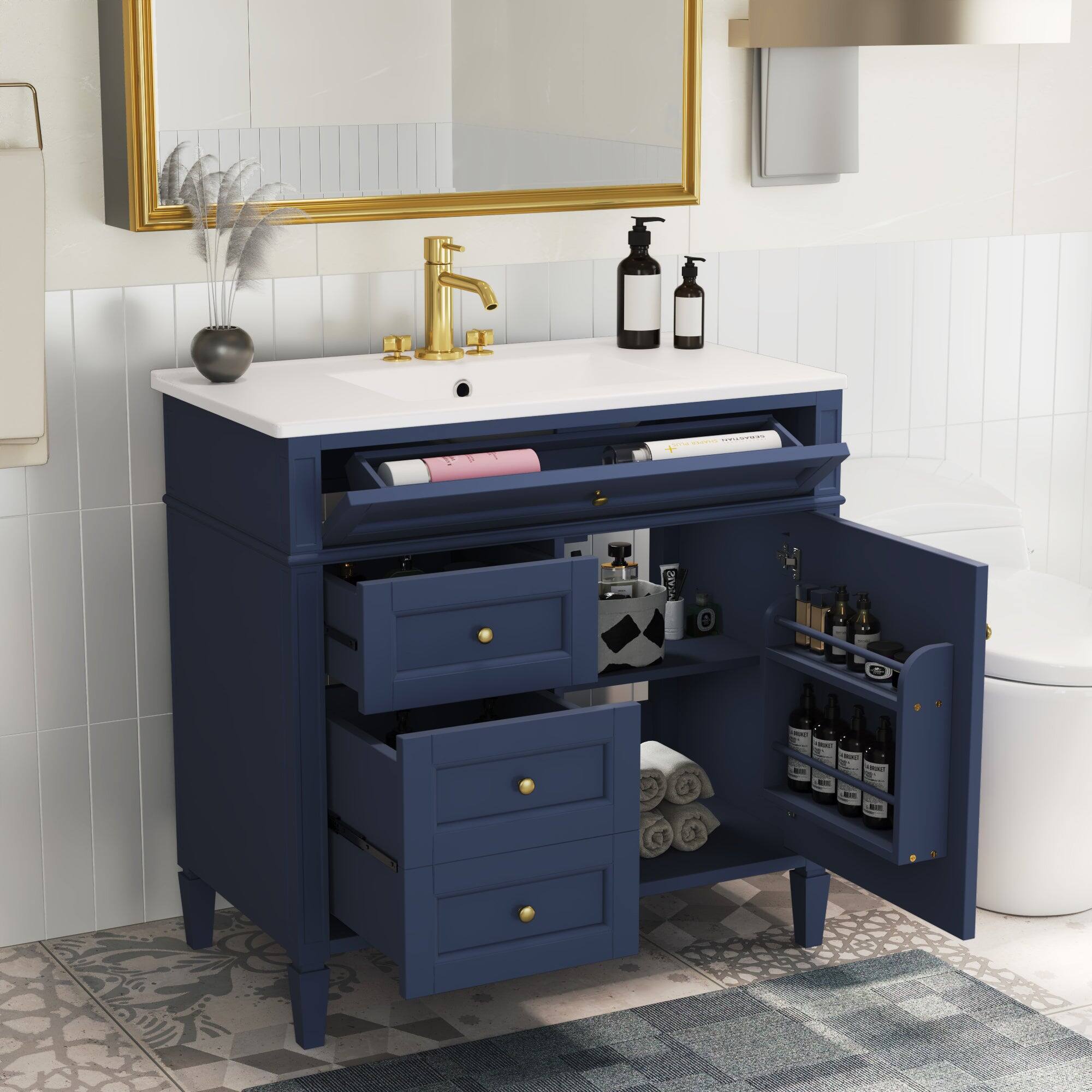 Alt View 5. Boyel Living - 36 Inch Modern Bathroom Vanity with Ceramic Sink Three Drawers Blue - Blue.