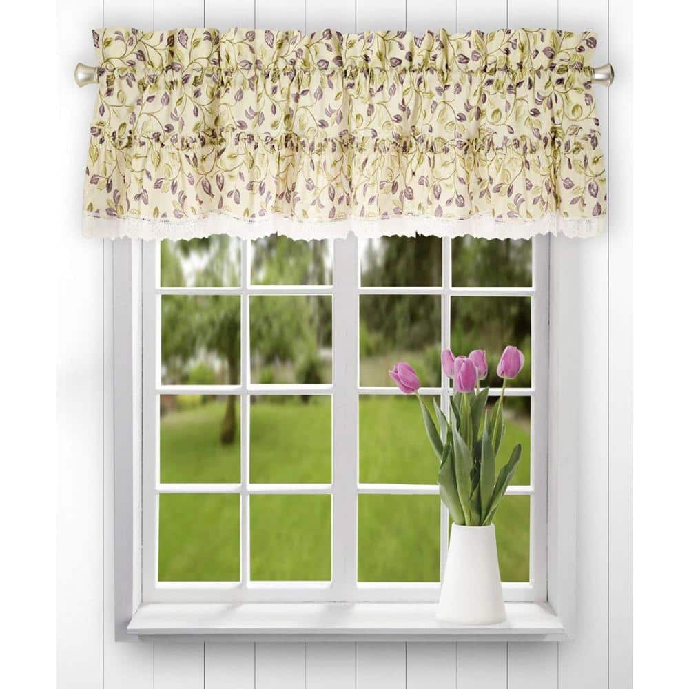 Ellis Curtain - Clarice Room Darkening Natural Color Classic Print Ruffled Window Valance - 52 x12" - Violet