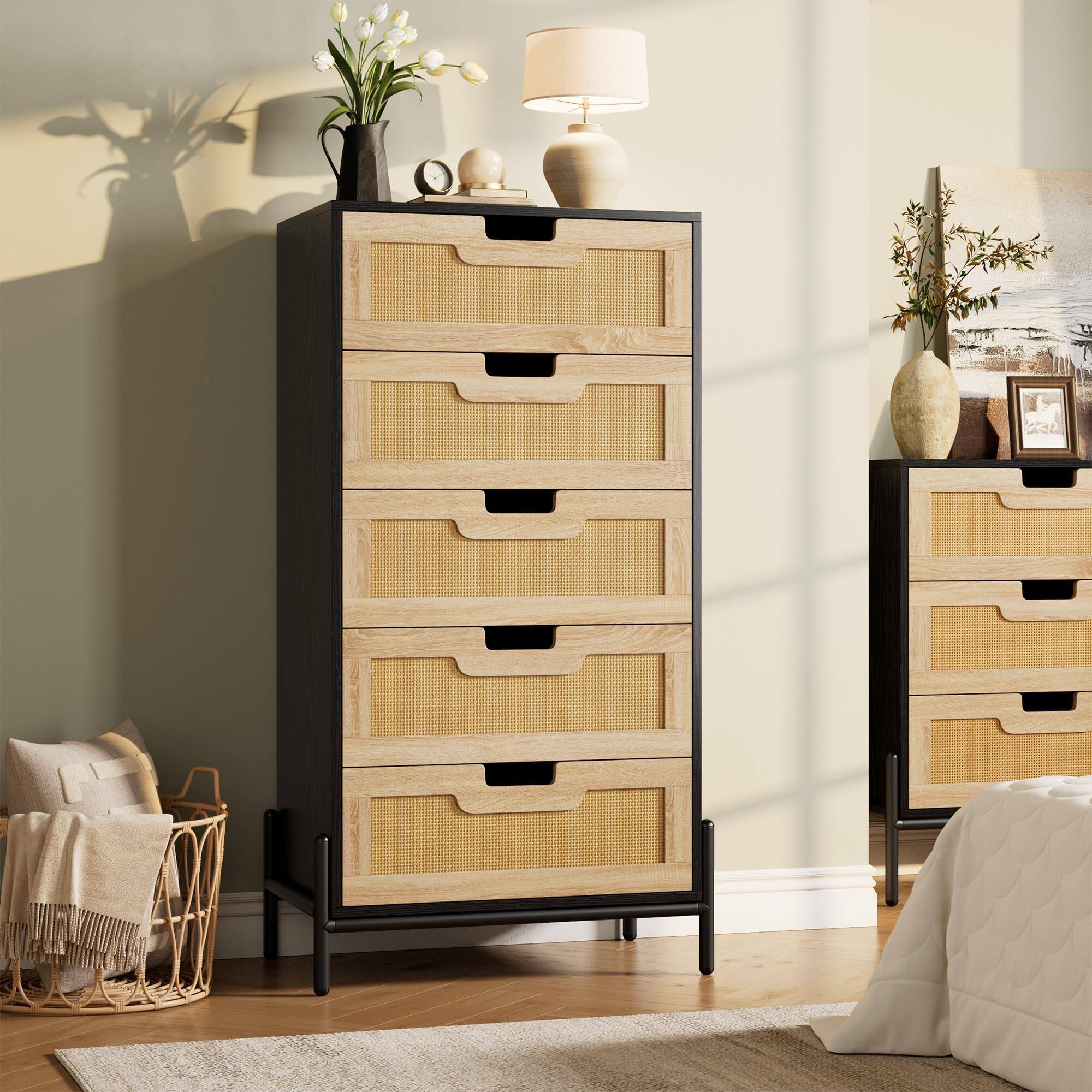 Alt View 3. Jojoka - 5 Drawer Dresser, Rattan Chest of Drawers, Wooden Dresser with Metal Legs, Mid Century Modern Tall Drawer Dresser - Black.