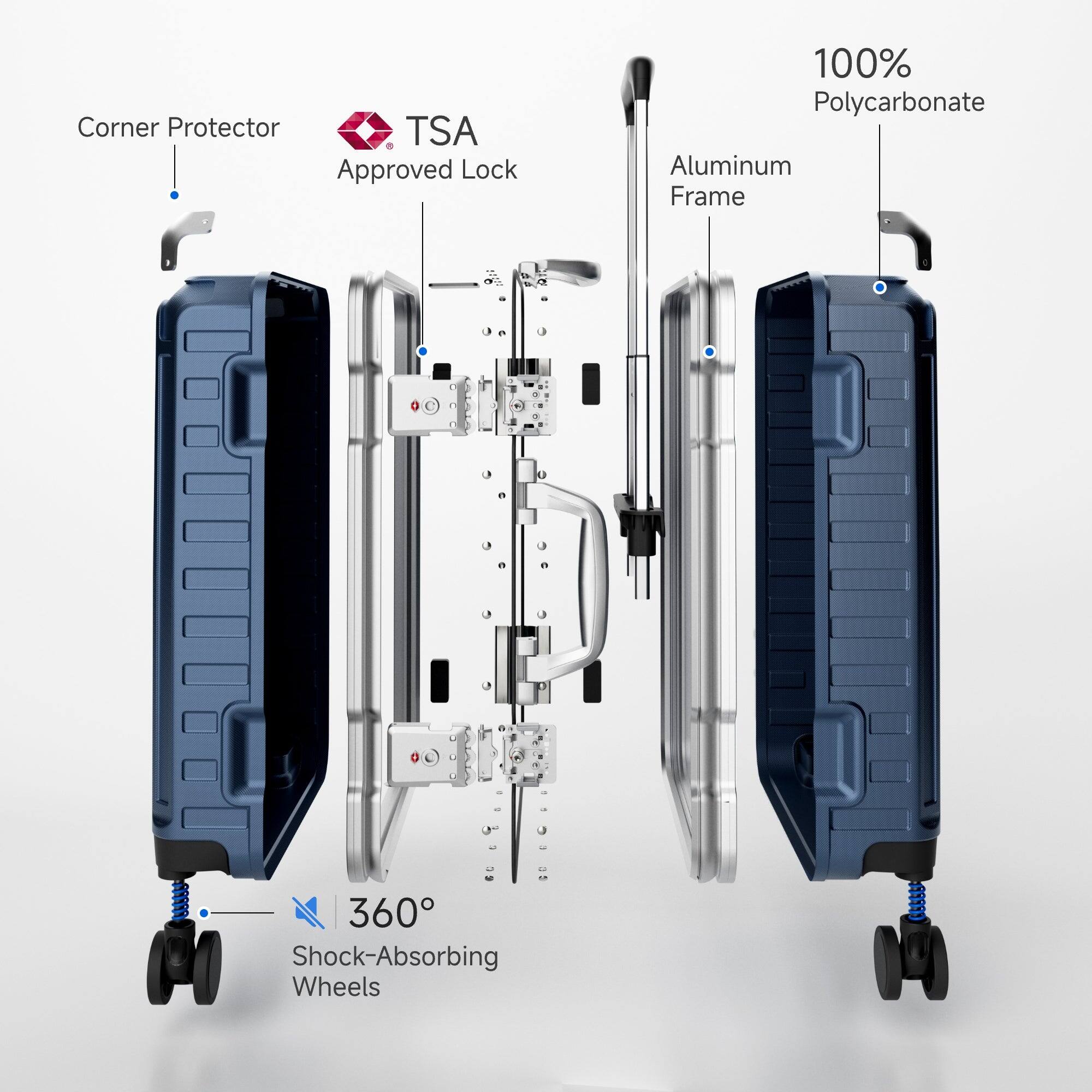 Corner Protector  
TSA Approved Lock  
100% Polycarbonate  
Aluminum Frame  
360° Shock-Absorbing Wheels