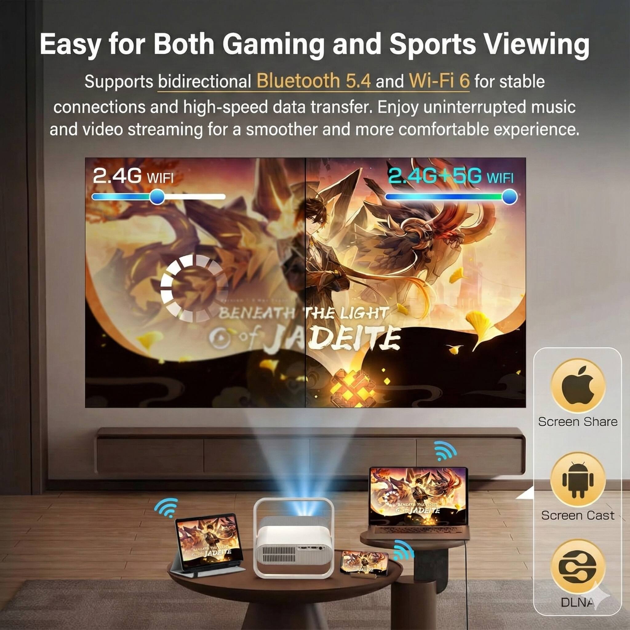 Easy for Both Gaming and Sports Viewing

Supports bidirectional Bluetooth 5.4 and Wi-Fi 6 for stable connections and high-speed data transfer. Enjoy uninterrupted music and video streaming for a smoother and more comfortable experience.

2.4G WIFI

2.4G+5G WIFI

BENEATH THE LIGHT of JADEITE

Screen Share

Screen Cast

DLNA