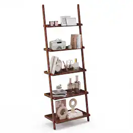 Costway - 5-Tier Bamboo Ladder Shelf Wall-Leaning Bookshelf Display Bookcase Storage Rack - Walnut