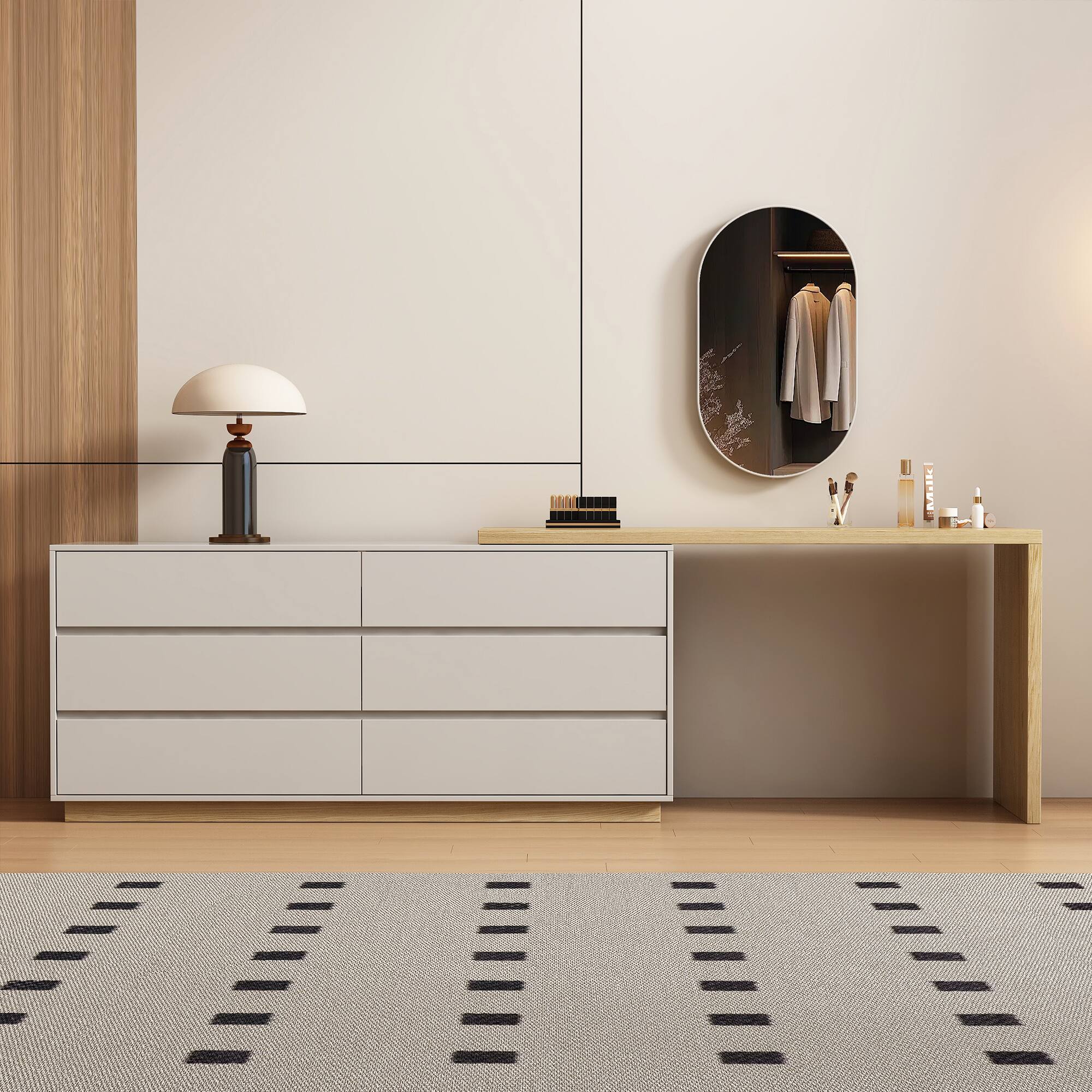 Left. luck idea - Modern Minimalist Expandable Vanity Desk with 6 Drawers, Space-Saving Dresser for Bedroom - Natural Wood Color.