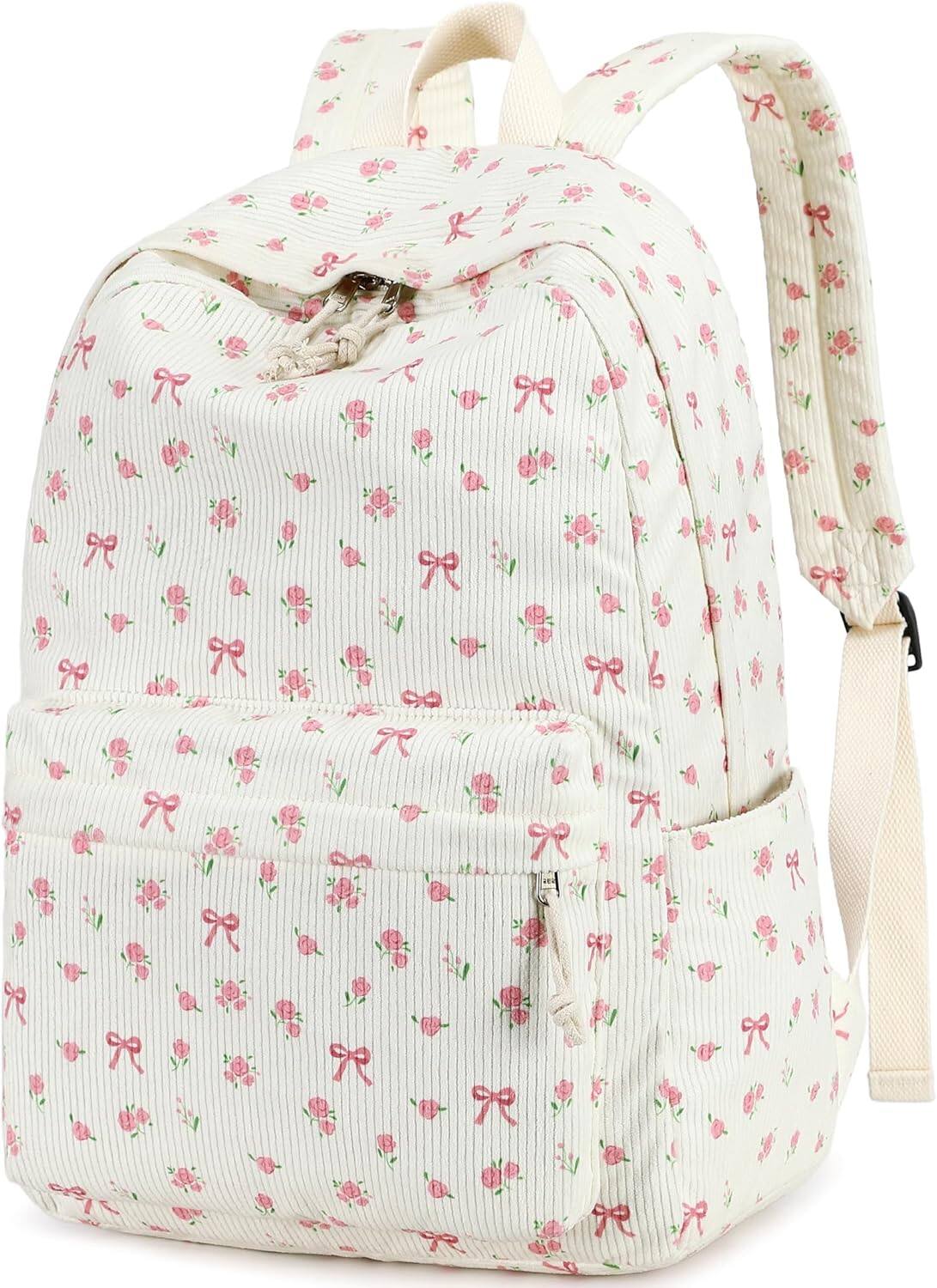 Front. Live At Space - School Backpack Teens Large Corduroy Bookbag Lightweight Laptop Girls Women Casual College - Pink Bow Floral.