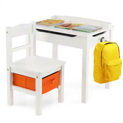 Front. Gymax - Gymax Kids Table and Chair Set Wood Activity Study Desk w/ Storage Drawer Hook White - White.