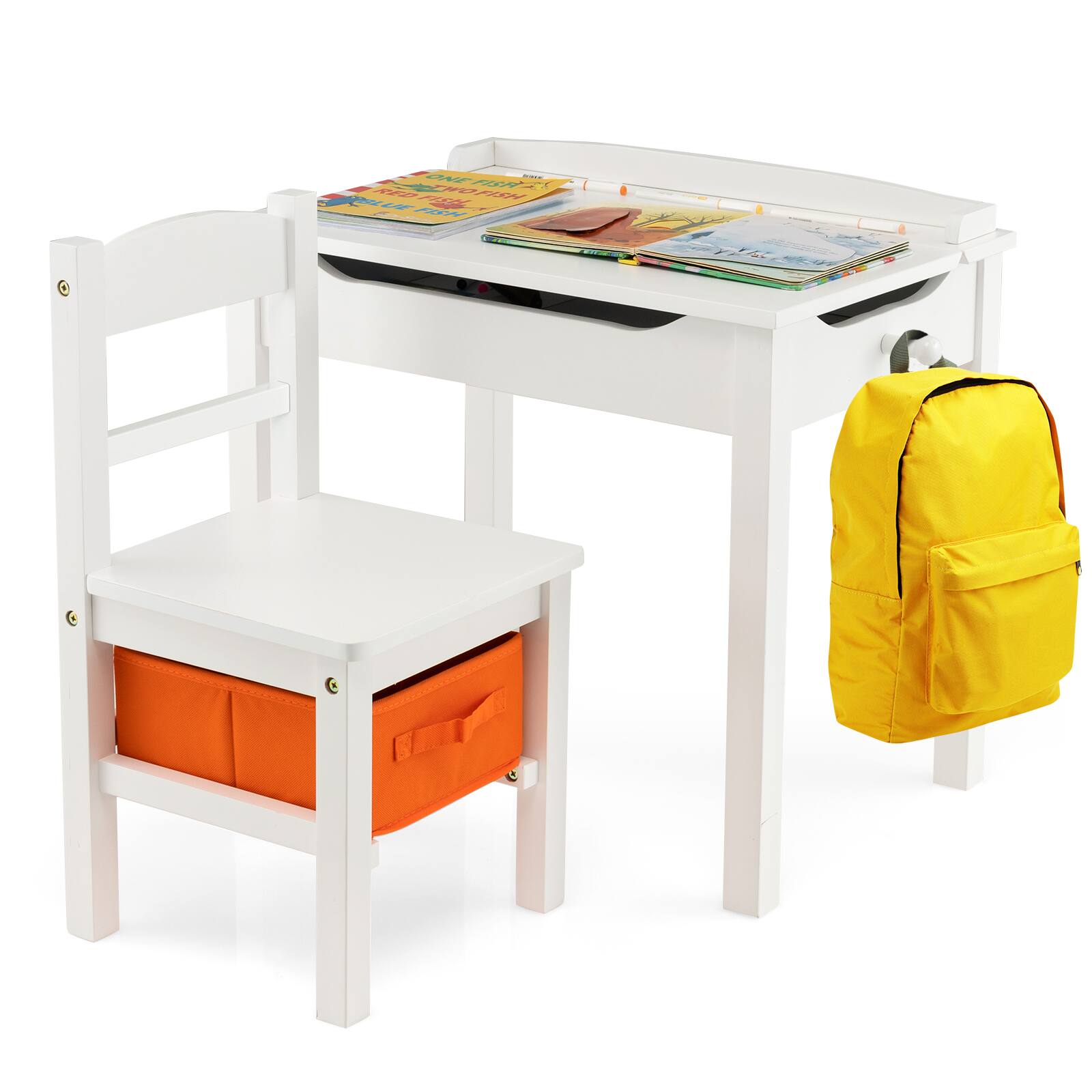Front. Gymax - Gymax Kids Table and Chair Set Wood Activity Study Desk w/ Storage Drawer Hook White - White.