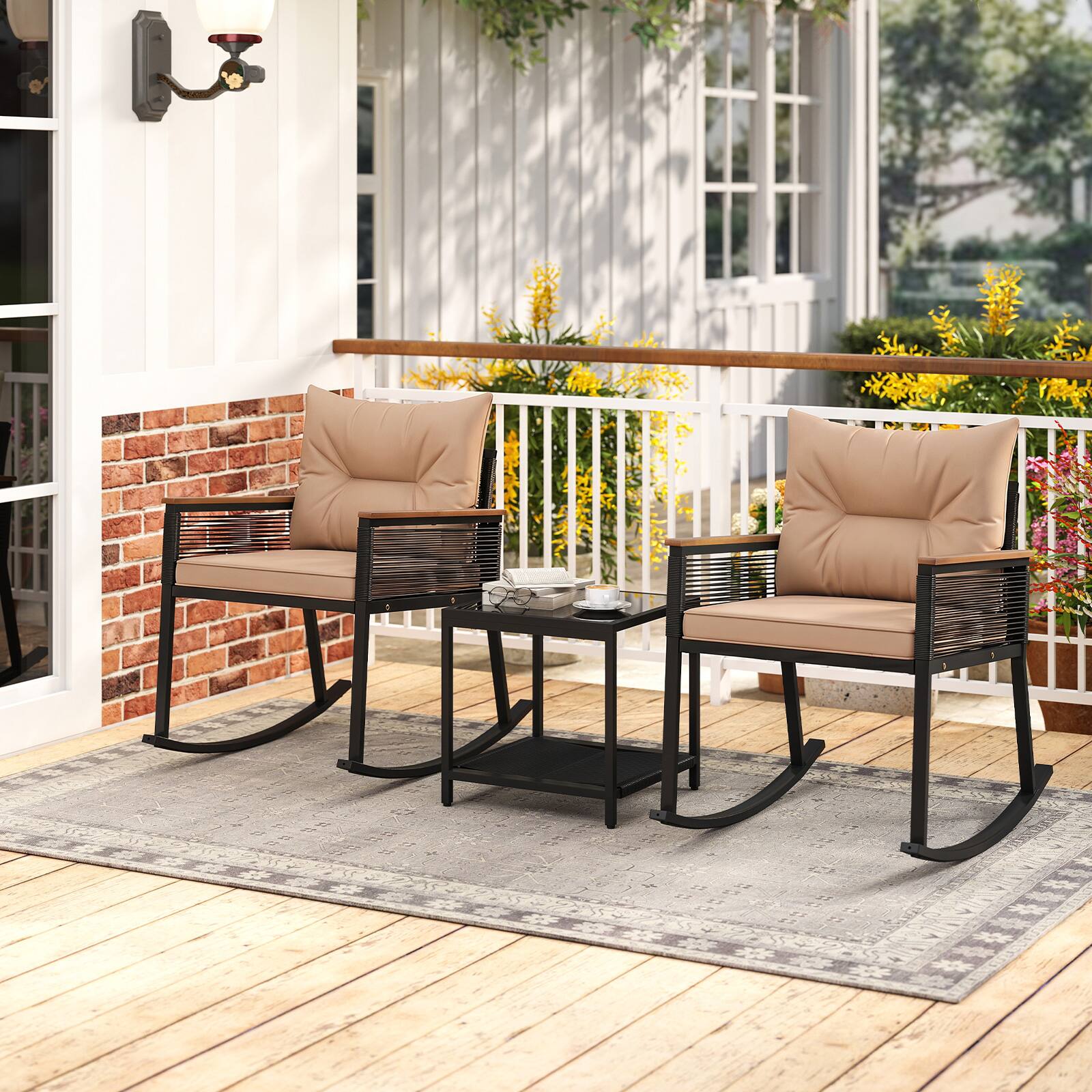 Alt View 3. Costway - Costway 3 PCS Outdoor Rocking Bistro Set with 2-Tier Coffee Table, Acacia Wood Armrests - Black+Brown.