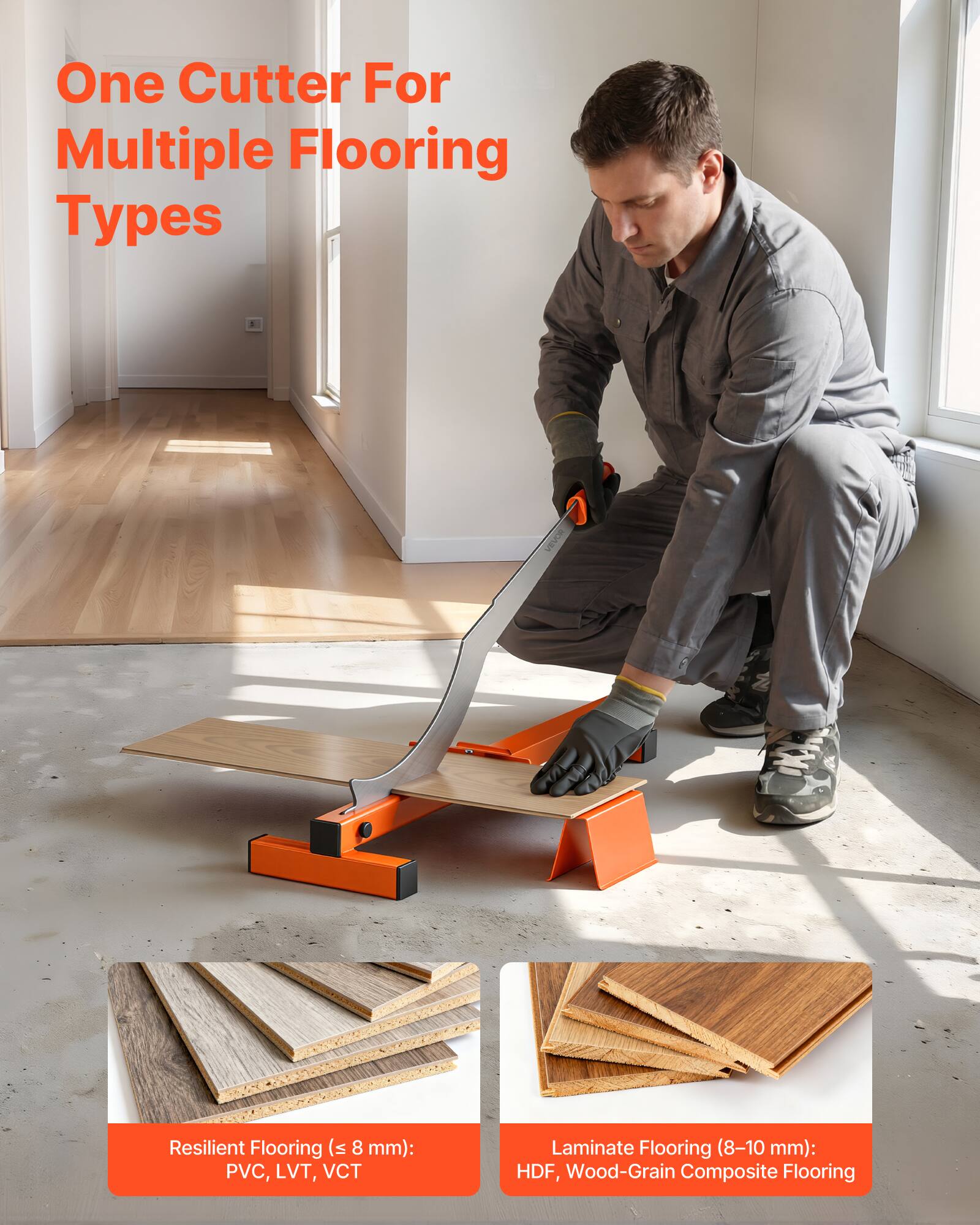 One Cutter For Multiple Flooring Types

Resilient Flooring (≤ 8 mm): PVC, LVT, VCT

Laminate Flooring (8-10 mm): HDF, Wood-Grain Composite Flooring