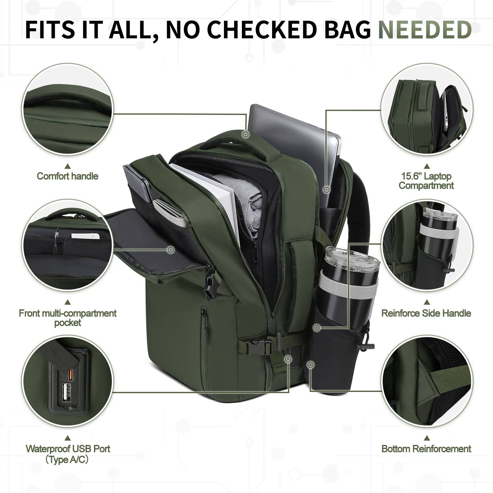 FITS IT ALL, NO CHECKED BAG NEEDED

- Comfort handle
- 15.6" Laptop Compartment
- Front multi-compartment pocket
- Reinforce Side Handle
- Waterproof USB Port (Type A/C)
- Bottom Reinforcement