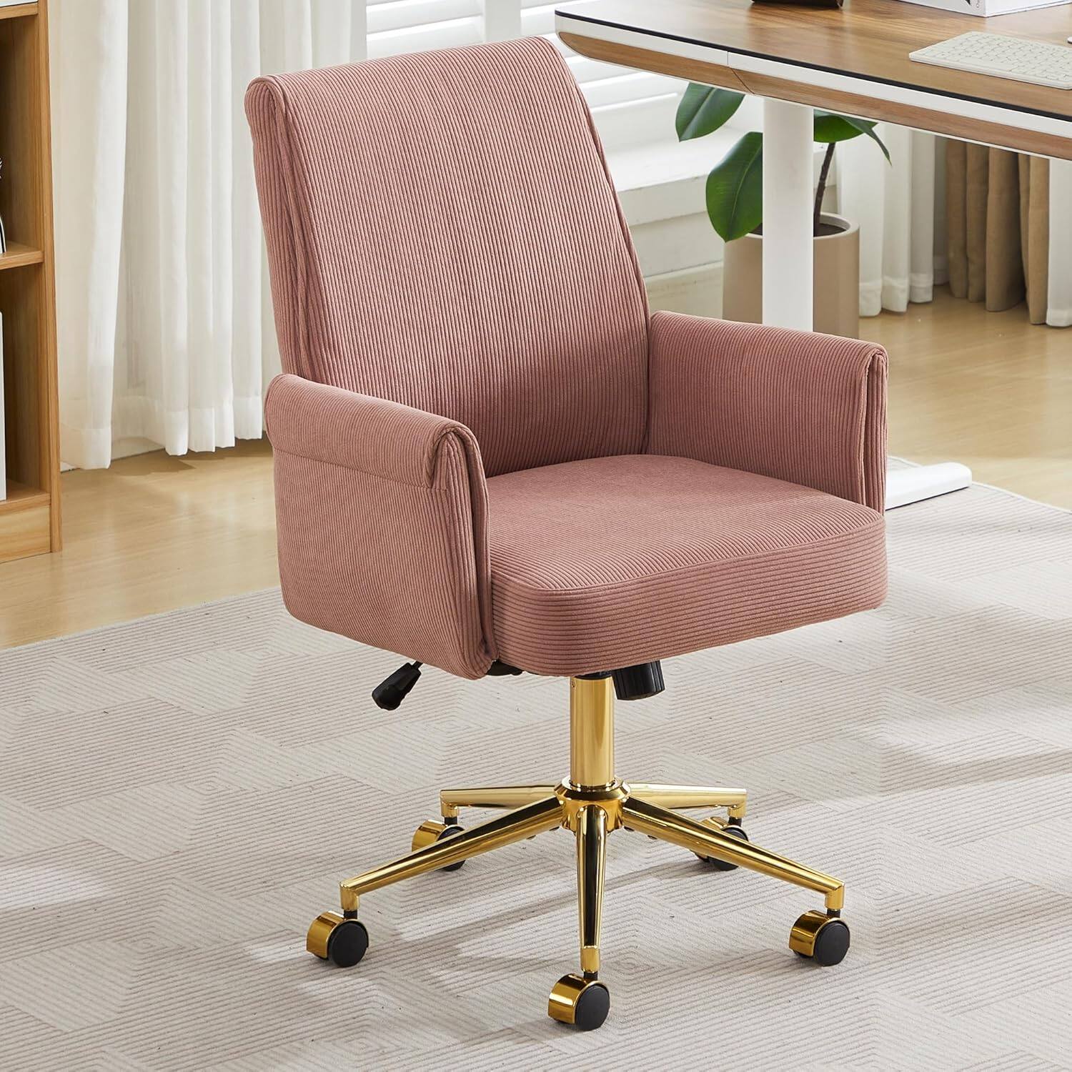 Alt View 4. Trinkets Crazed - Stripes Velvet 360°Swivel Desk Chair, Modern Height Adjustable Home Office Armchair with Gold Base and Wheels - pink.