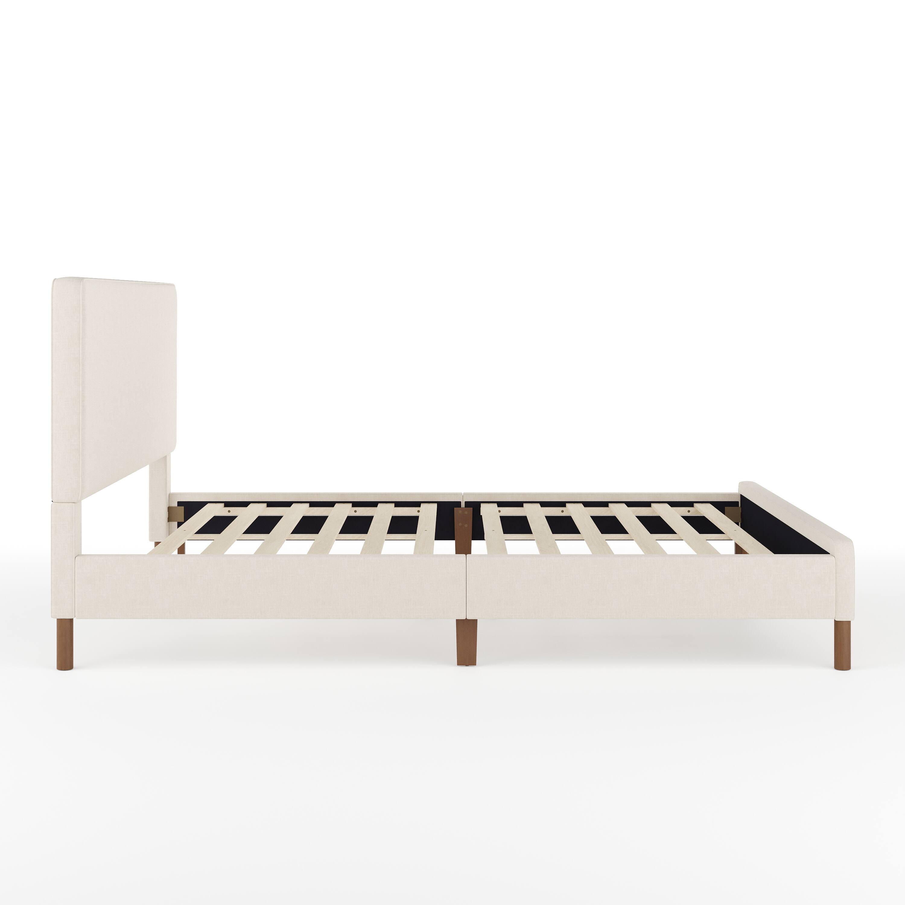 Alt View 17. Martha Stewart - Britta Faux Linen Upholstered Queen Size Platform Bed with Piped Headboard - Beige Fabric/Walnut Legs.