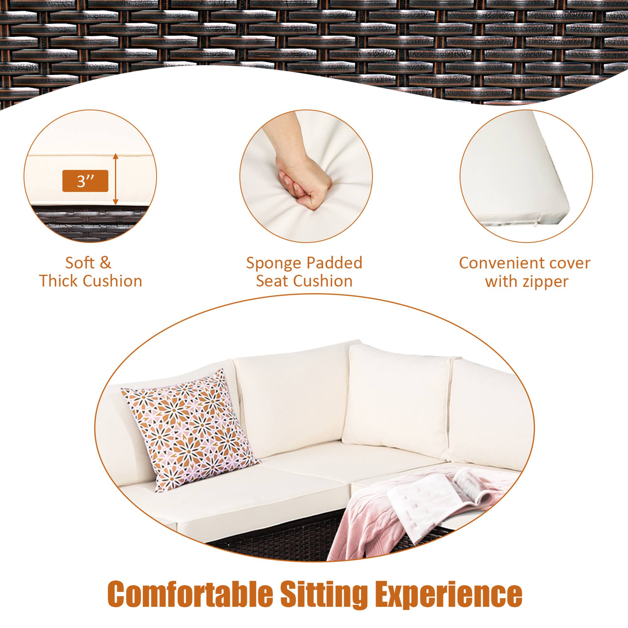 3" Soft & Thick Cushion, Sponge Padded Seat Cushion, Convenient cover with zipper, Comfortable Sitting Experience