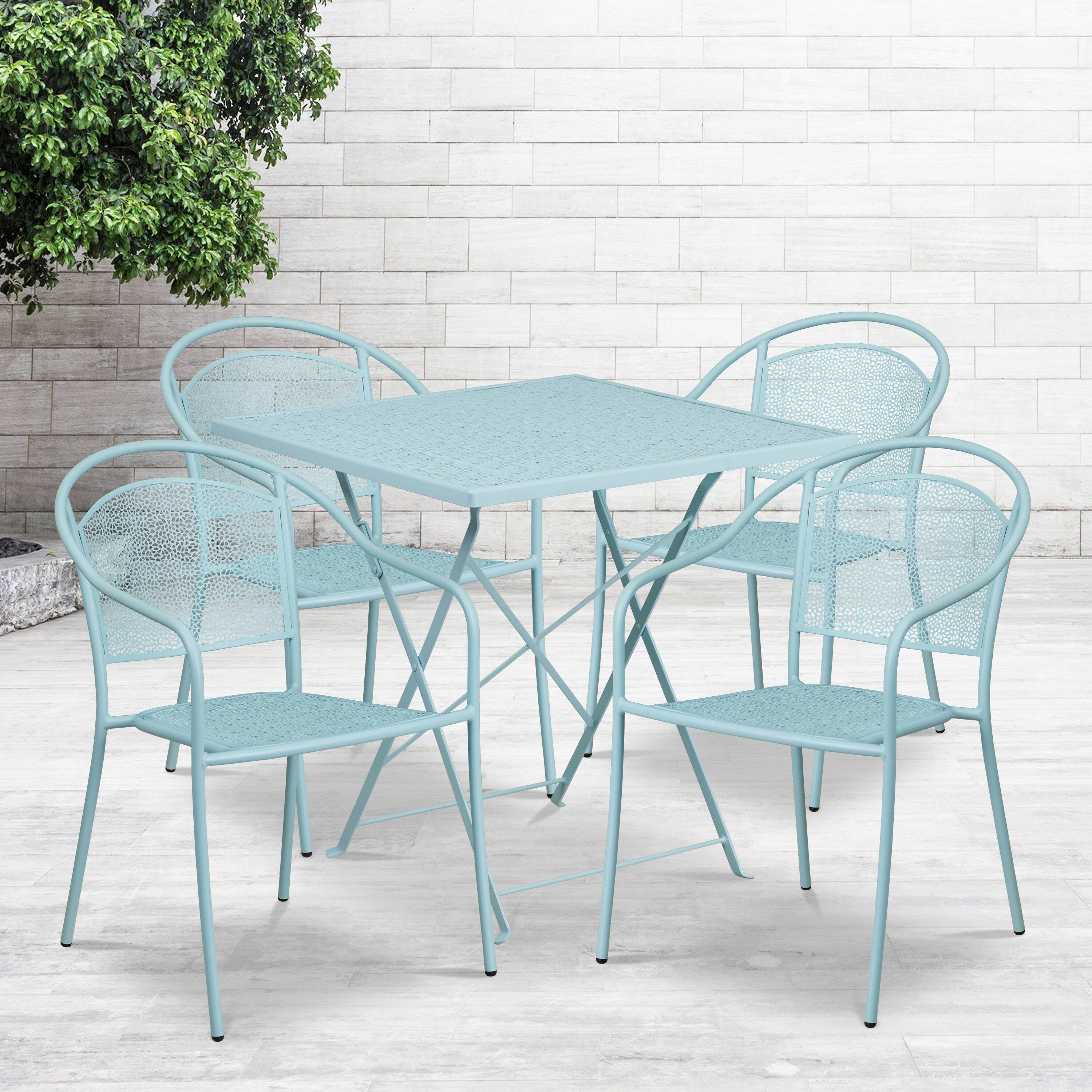 Alt View 1. Emma + Oliver - Commercial Grade 28" Square Metal Folding Patio Table Set w/ 4 Round Back Chairs - Sky Blue.