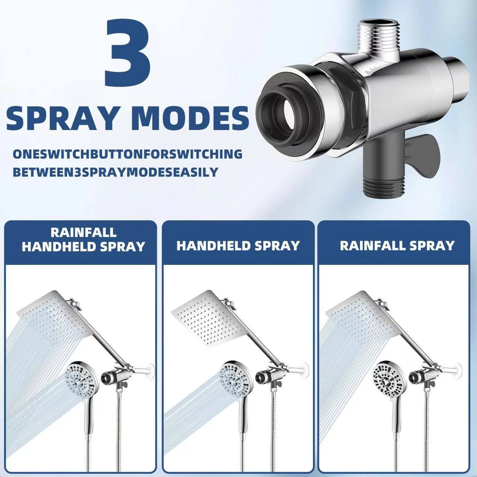 3 SPRAY MODES

ONE SWITCH BUTTON FOR SWITCHING BETWEEN 3 SPRAY MODES EASILY

RAINFALL HANDHELD SPRAY

HANDHELD SPRAY

RAINFALL SPRAY
