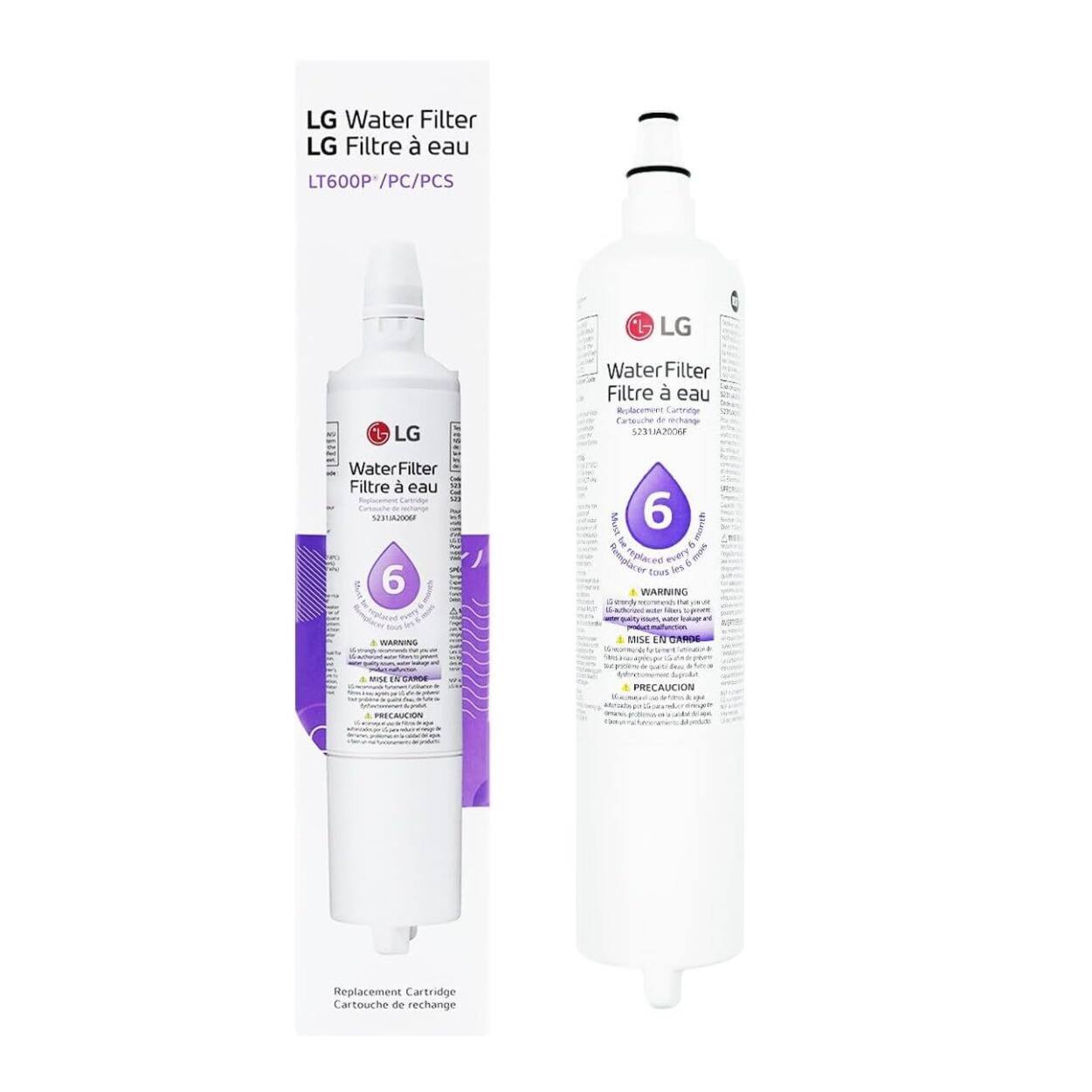 LG Water Filter  
LG Filtre à eau  
LT600P/PC/PCS  

Water Filter  
Filtre à eau  

Replacement Cartridge  
Cartouche de rechange  

6 months  
6 mois  

WARNING  
MISE EN GARDE  
PRECAUCIÓN  

Replace every 6 months  
Remplacer tous les 6 mois  
Cada 6 meses  

LG Water Filter  
LG Filtre à eau  
LT600P/PC/PCS