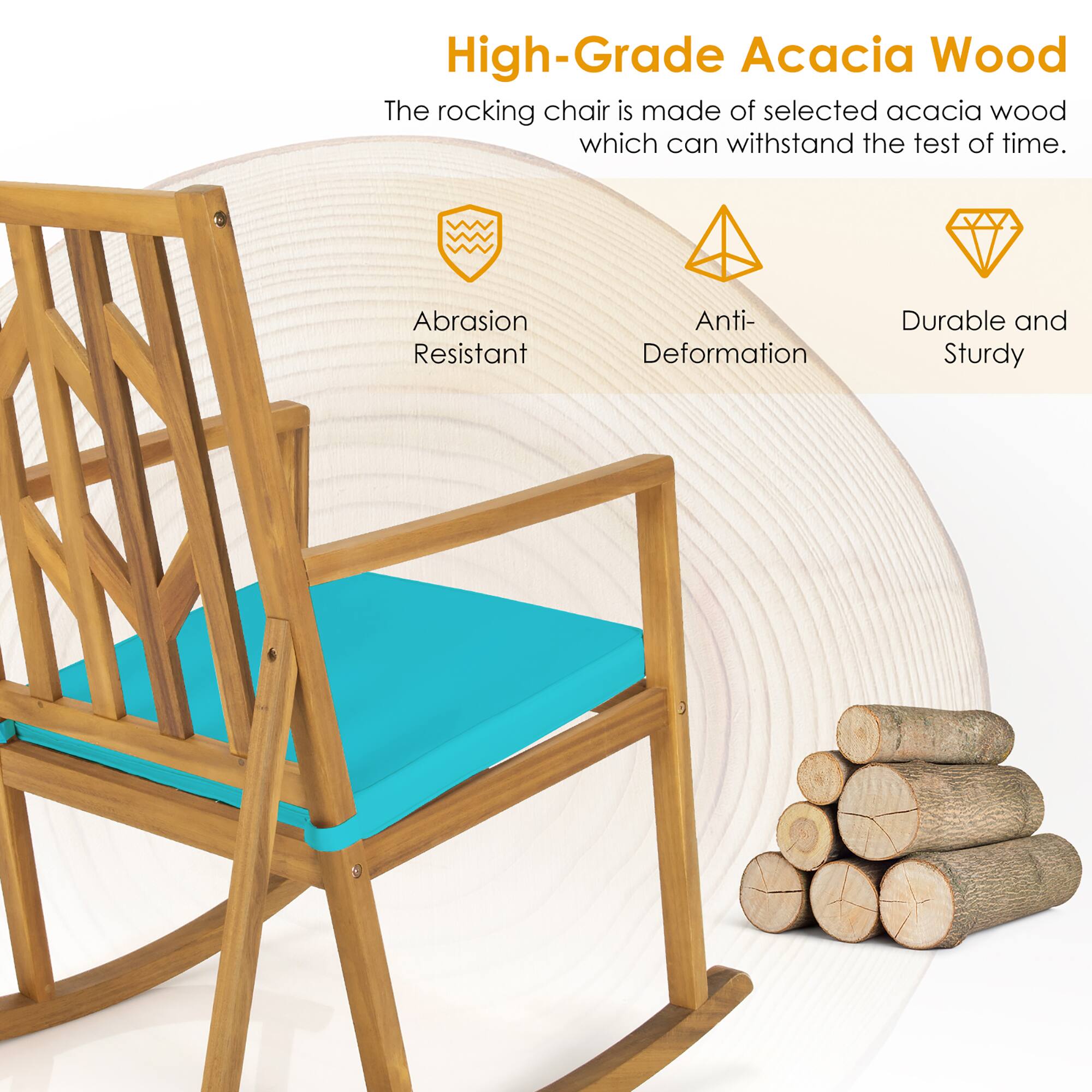 High-Grade Acacia Wood  
The rocking chair is made of selected acacia wood which can withstand the test of time.  

- Abrasion Resistant  
- Anti-Deformation  
- Durable and Sturdy