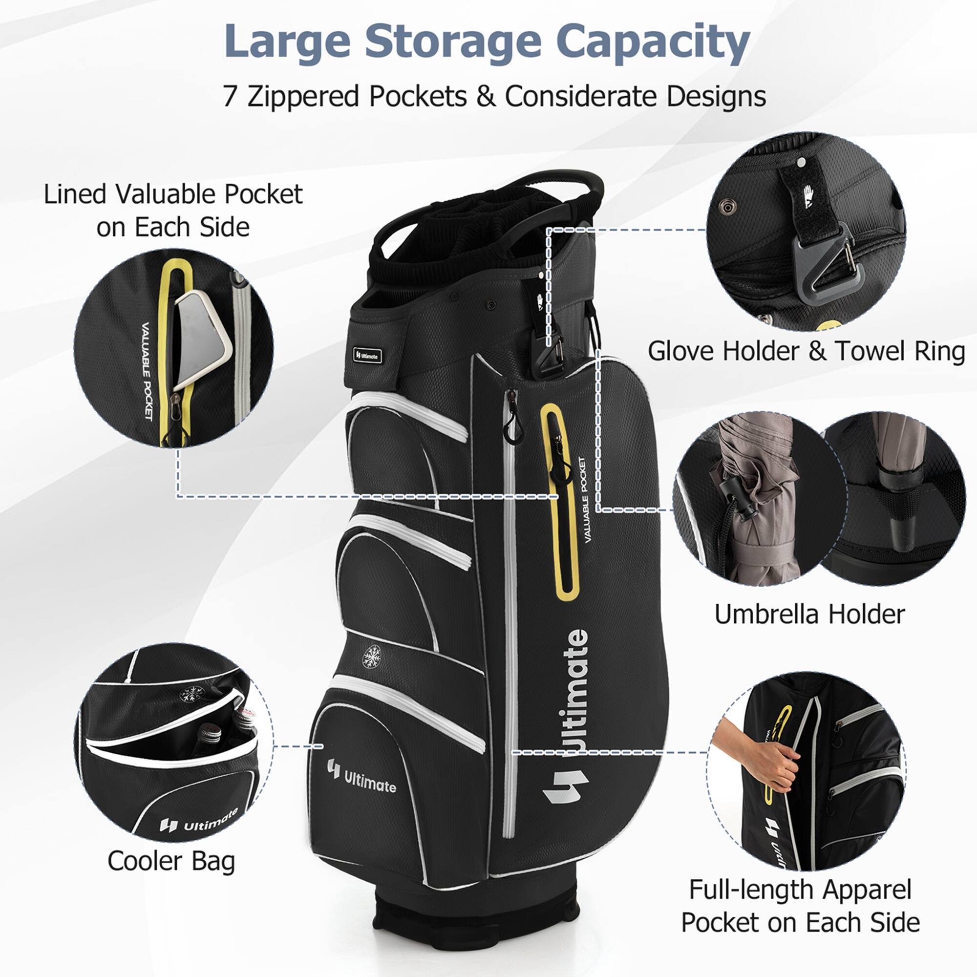 Large Storage Capacity
7 Zippered Pockets & Considerate Designs
- Lined Valuable Pocket on Each Side
- Glove Holder & Towel Ring
- Umbrella Holder
- Cooler Bag
- Full-length Apparel Pocket on Each Side