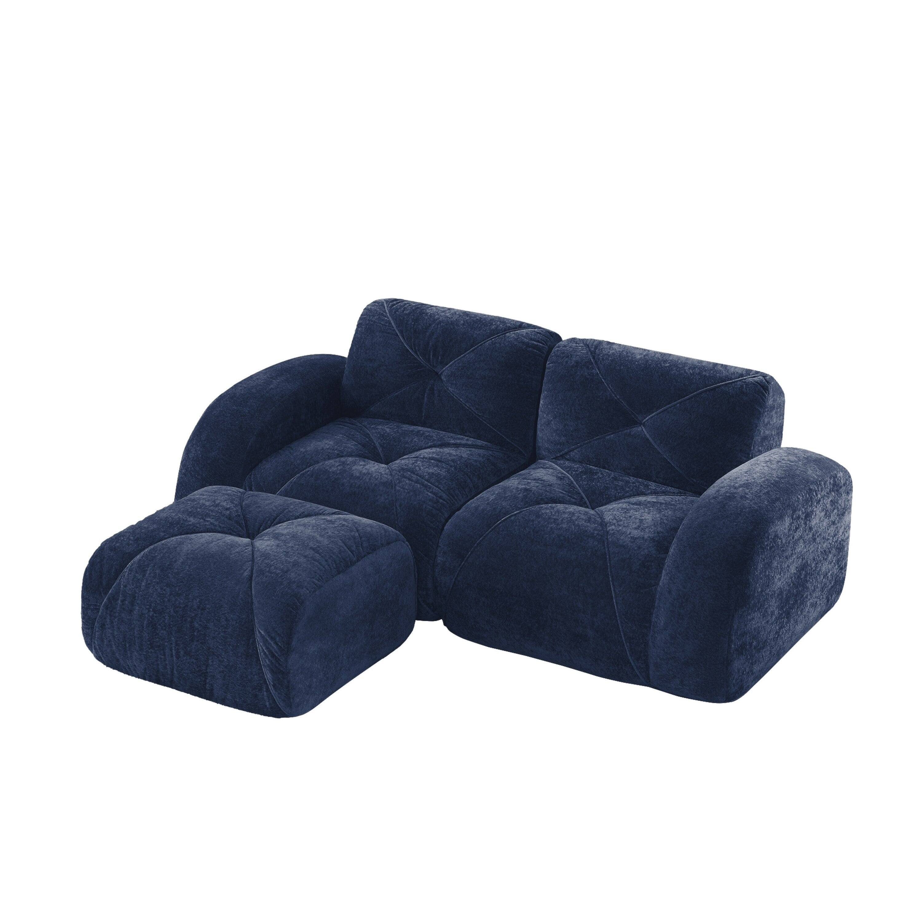 Boyel Living - L Shaped Boneless Sofa with Ottoman Soft Velvet Tufted No Assembly Bedroom Lounge Blue - Blue