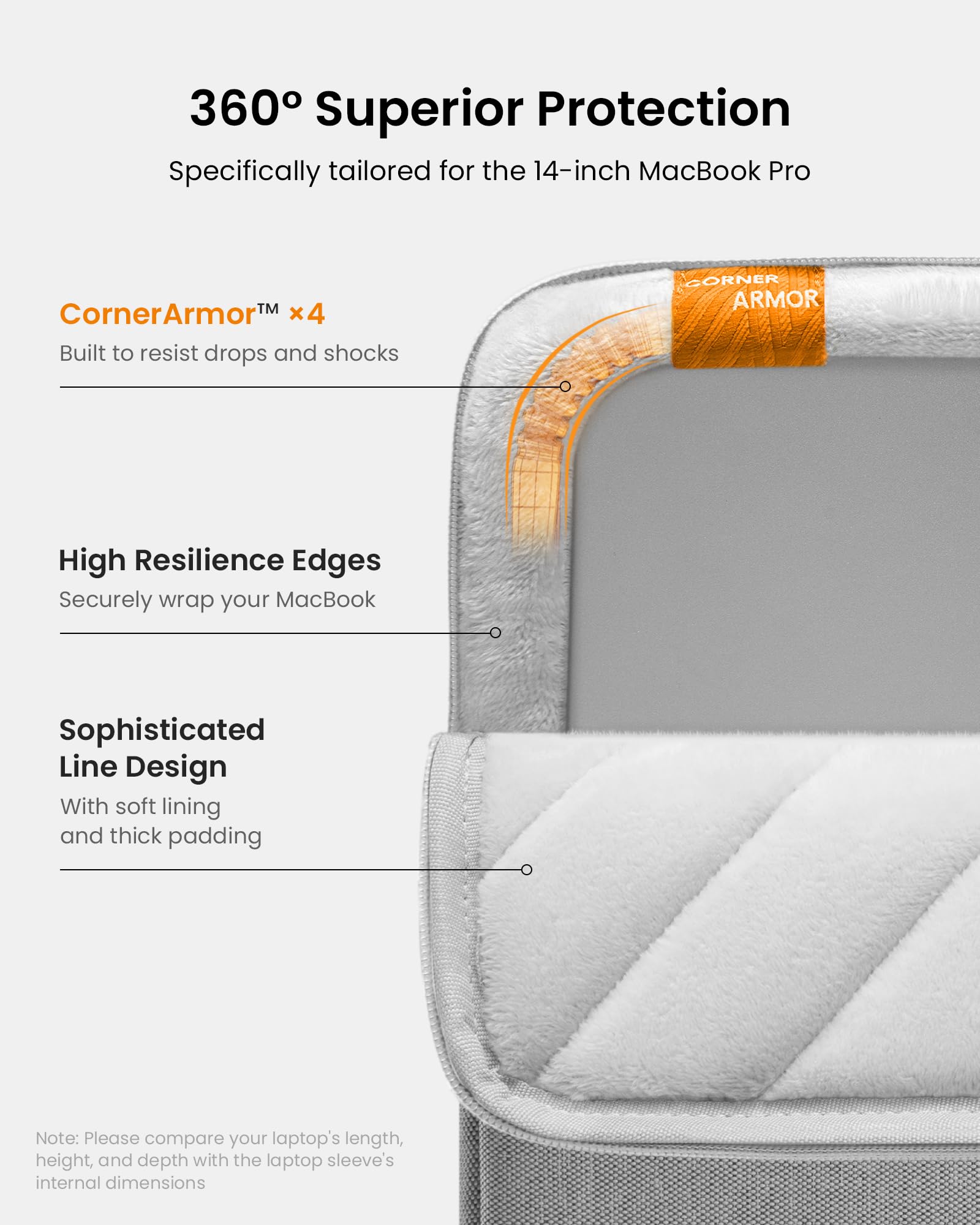 360° Superior Protection  
Specifically tailored for the 14-inch MacBook Pro  

CornerArmor™ x4  
Built to resist drops and shocks  

High Resilience Edges  
Securely wrap your MacBook  

Sophisticated Line Design  
With soft lining and thick padding  

Note: Please compare your laptop's length, height, and depth with the laptop sleeve's internal dimensions