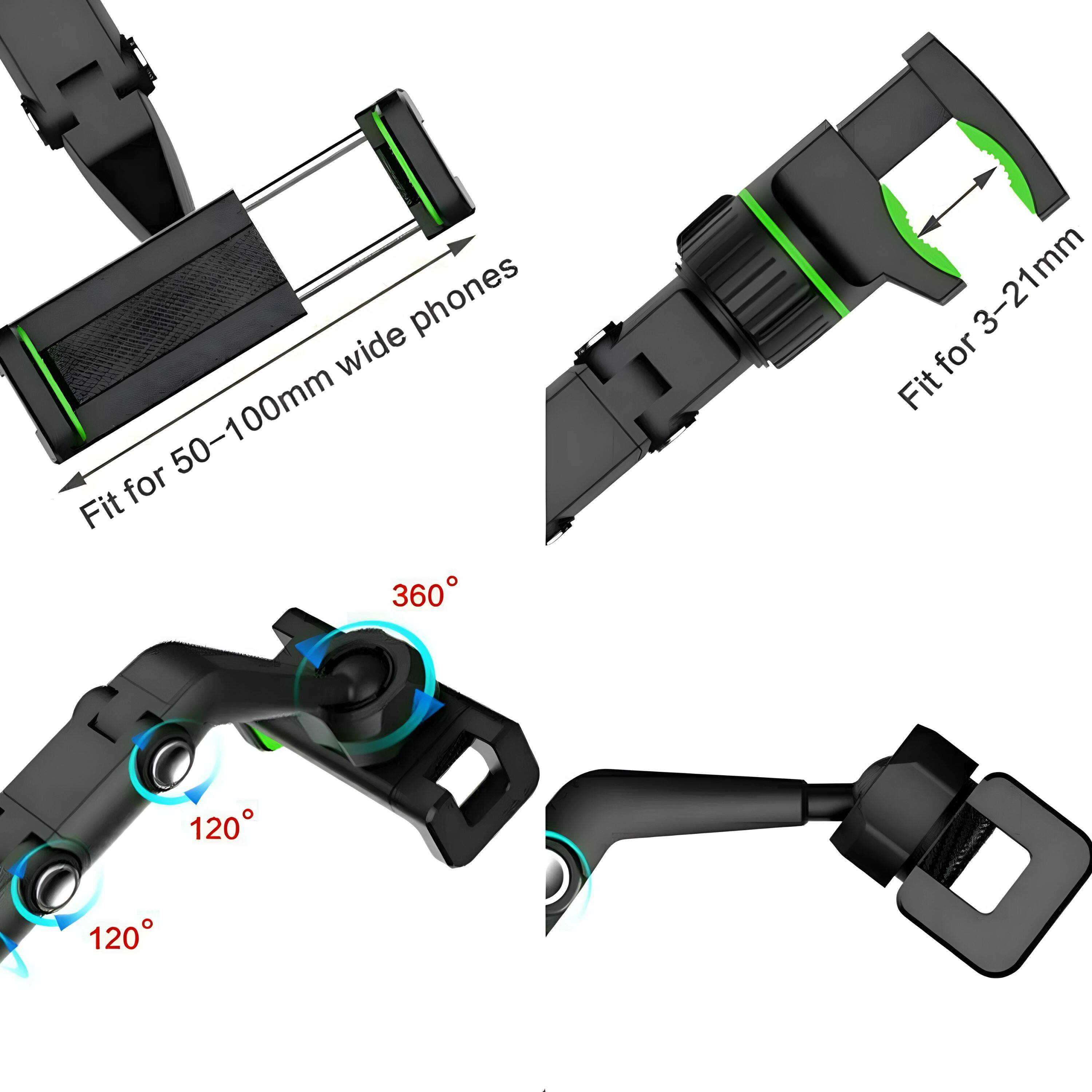 Fit for 50-100mm wide phones  
Fit for 3-21mm  
360°  
120°  
120°