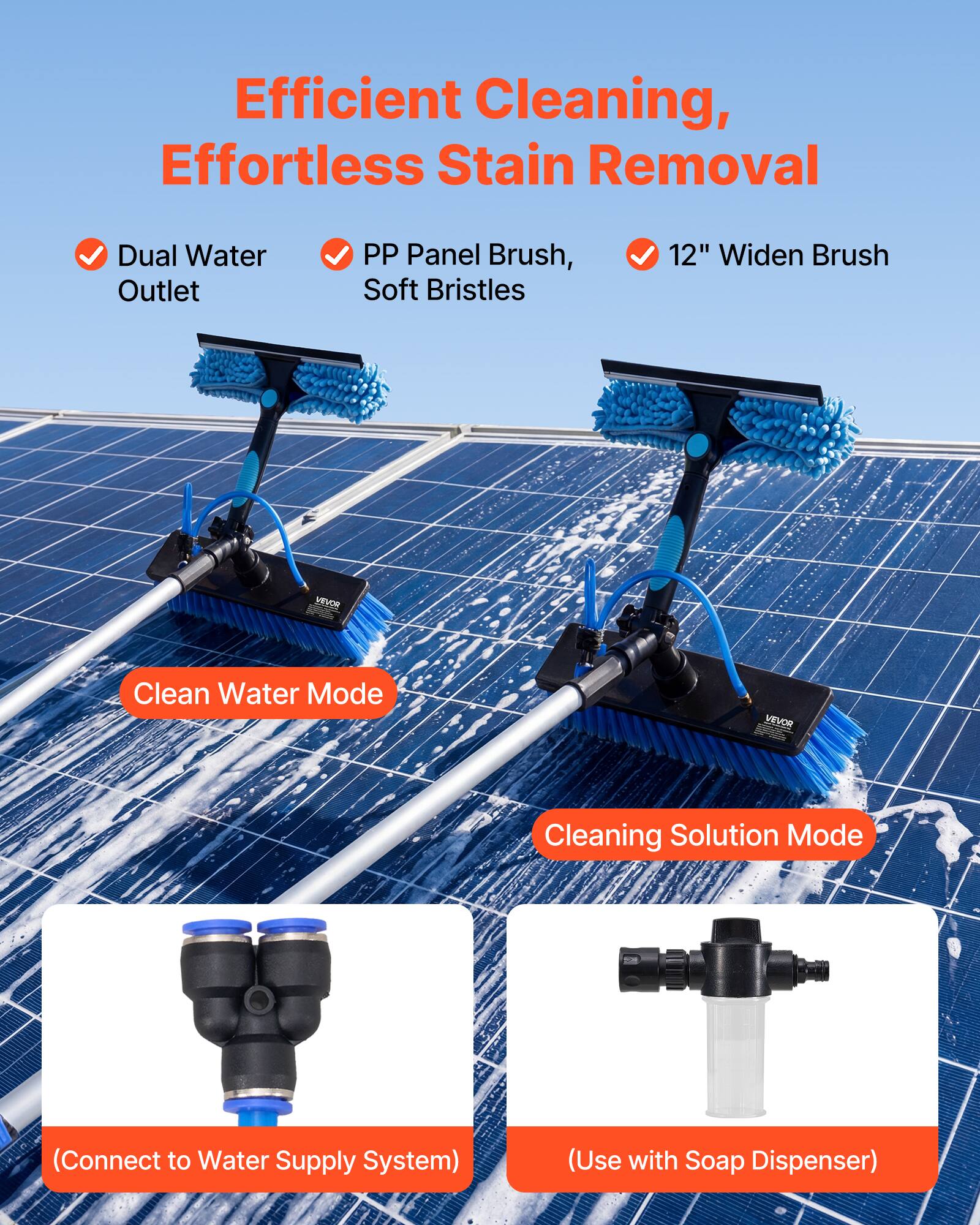 Efficient Cleaning, Effortless Stain Removal

- Dual Water Outlet
- PP Panel Brush, Soft Bristles
- 12" Widen Brush

Clean Water Mode  
Cleaning Solution Mode

(Connect to Water Supply System)  
(Use with Soap Dispenser)