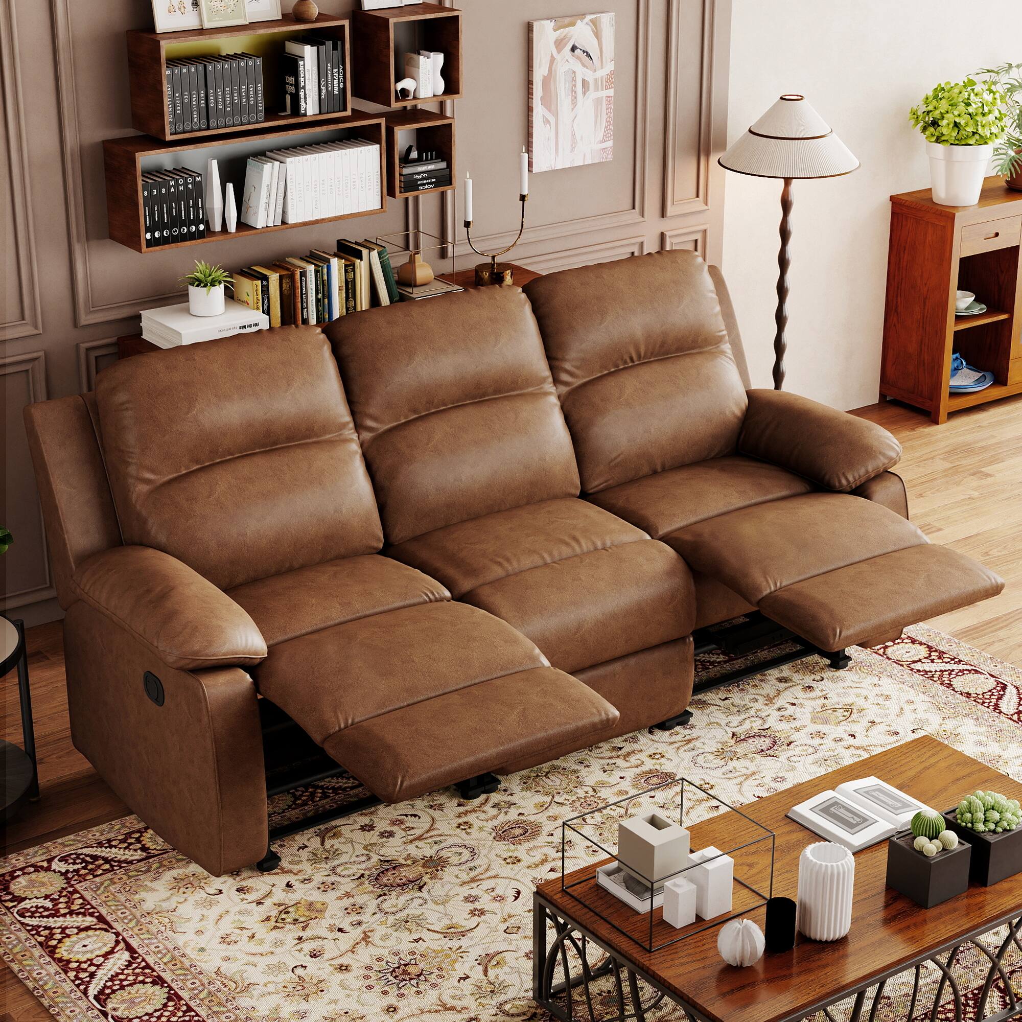 Angle. KERDOM - Manual Reclining Loveseat Sleeper Sofa Couch with Footrest, Home Recliner Chair Set for Living Room, RV & Travel Trailer - Brown-3 Seat.