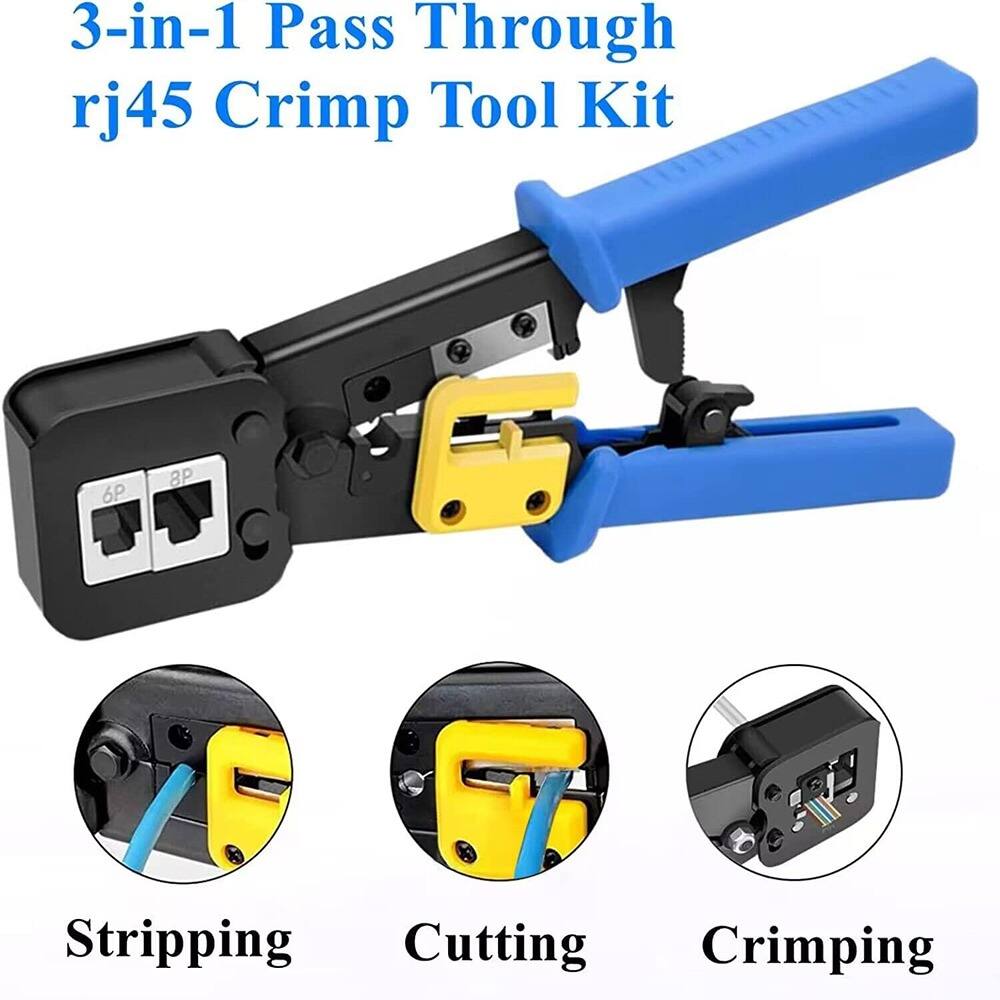 3-in-1 Pass Through rj45 Crimp Tool Kit

- Stripping
- Cutting
- Crimping