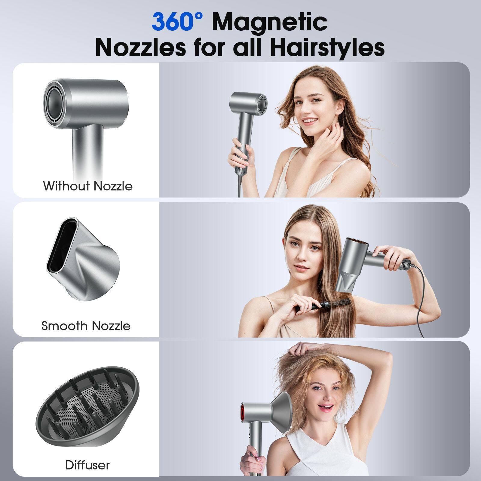 360° Magnetic Nozzles for all Hairstyles

- Without Nozzle
- Smooth Nozzle
- Diffuser