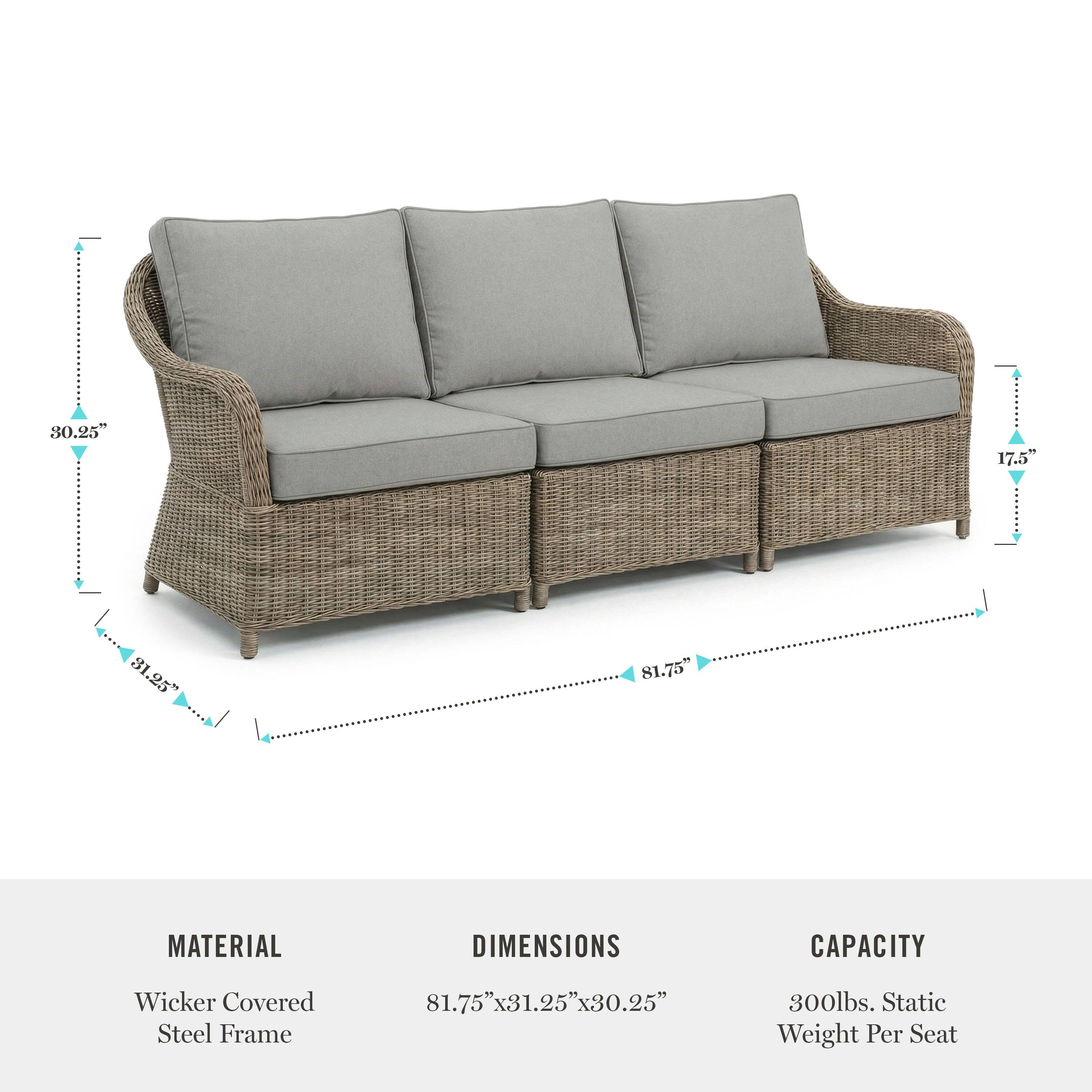 80.25" 17.5" 81.25" 81.75"  
MATERIAL DIMENSIONS CAPACITY  
Wicker Covered Steel Frame  
81.75" x 31.25" x 30.25"  
300lbs. Static Weight Per Seat