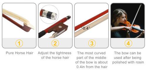 1. Pure Horse Hair
2. Adjust the tightness of the horse hair
3. The most curved part of the middle of the bow is about 0.4" from the hair
4. The bow can be used after being polished with rosin