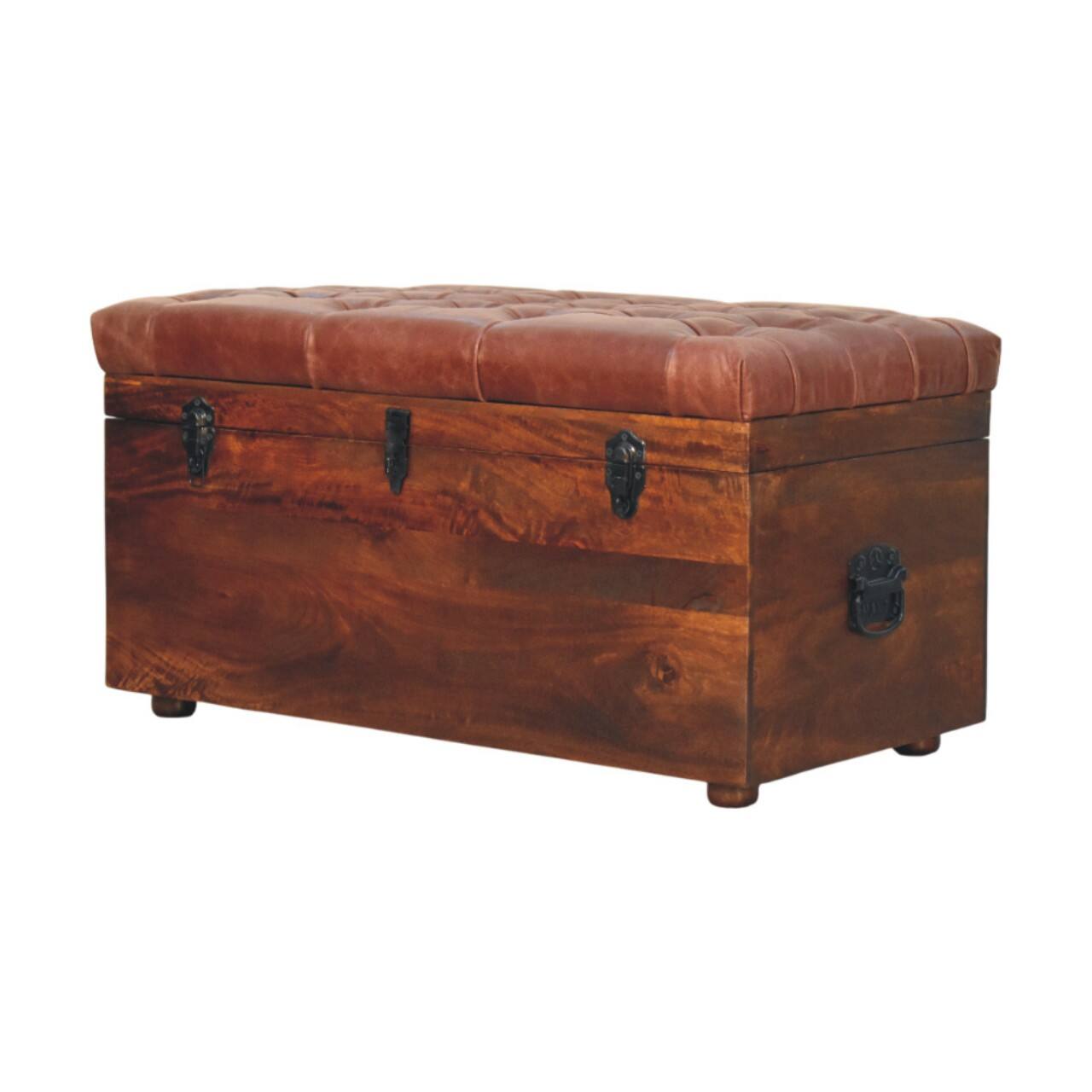 Left. Artisan Furniture - Artisan Furniture Solid Wood Brown Buffalo hide leather Storage Trunk, Upholstered, Dark Brown - Dark Brown.