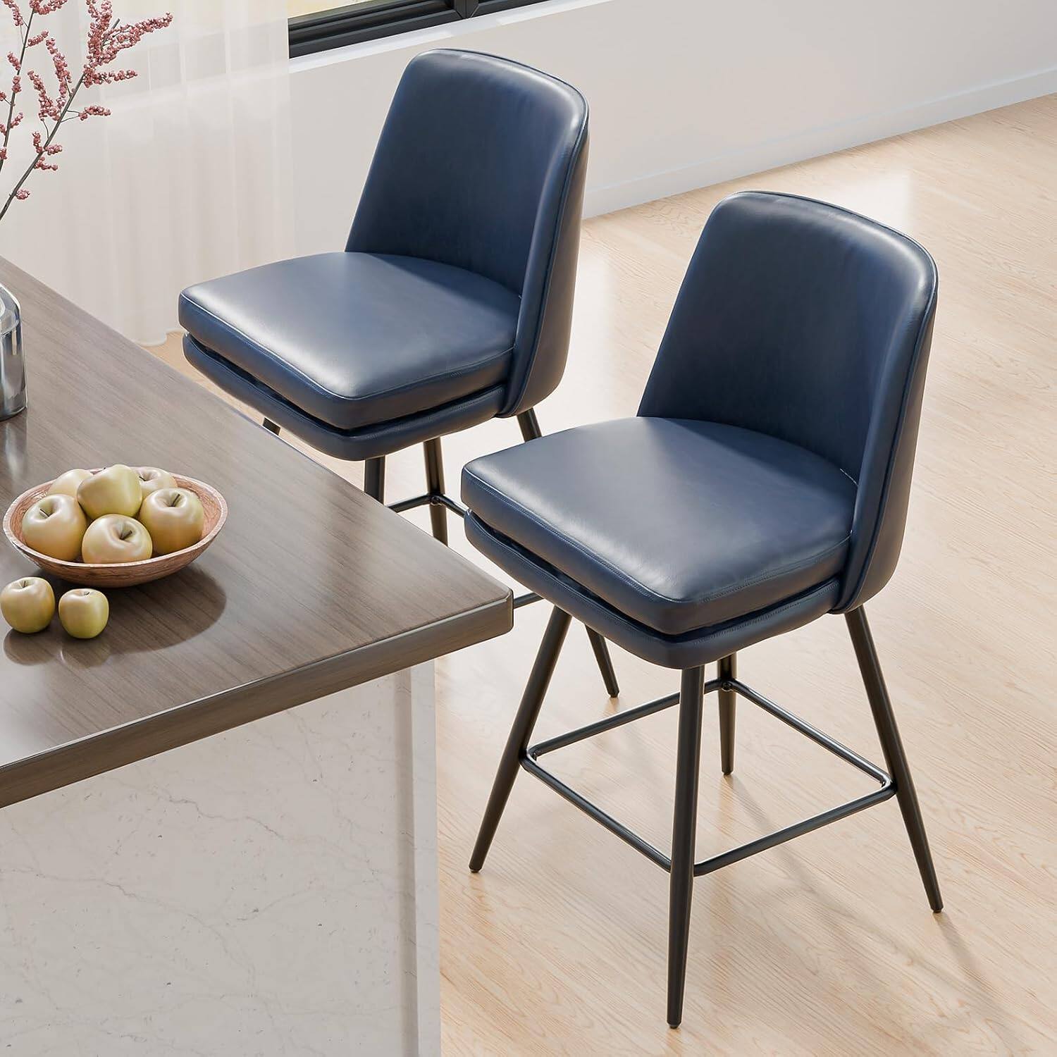 Alt View 4. Winado - 26" H Swivel Barstools PU Faux Leather Upholstered Counter Height Bar Stool Chair with Back, Square Seat, Metal Legs - Blue-Set of 2.