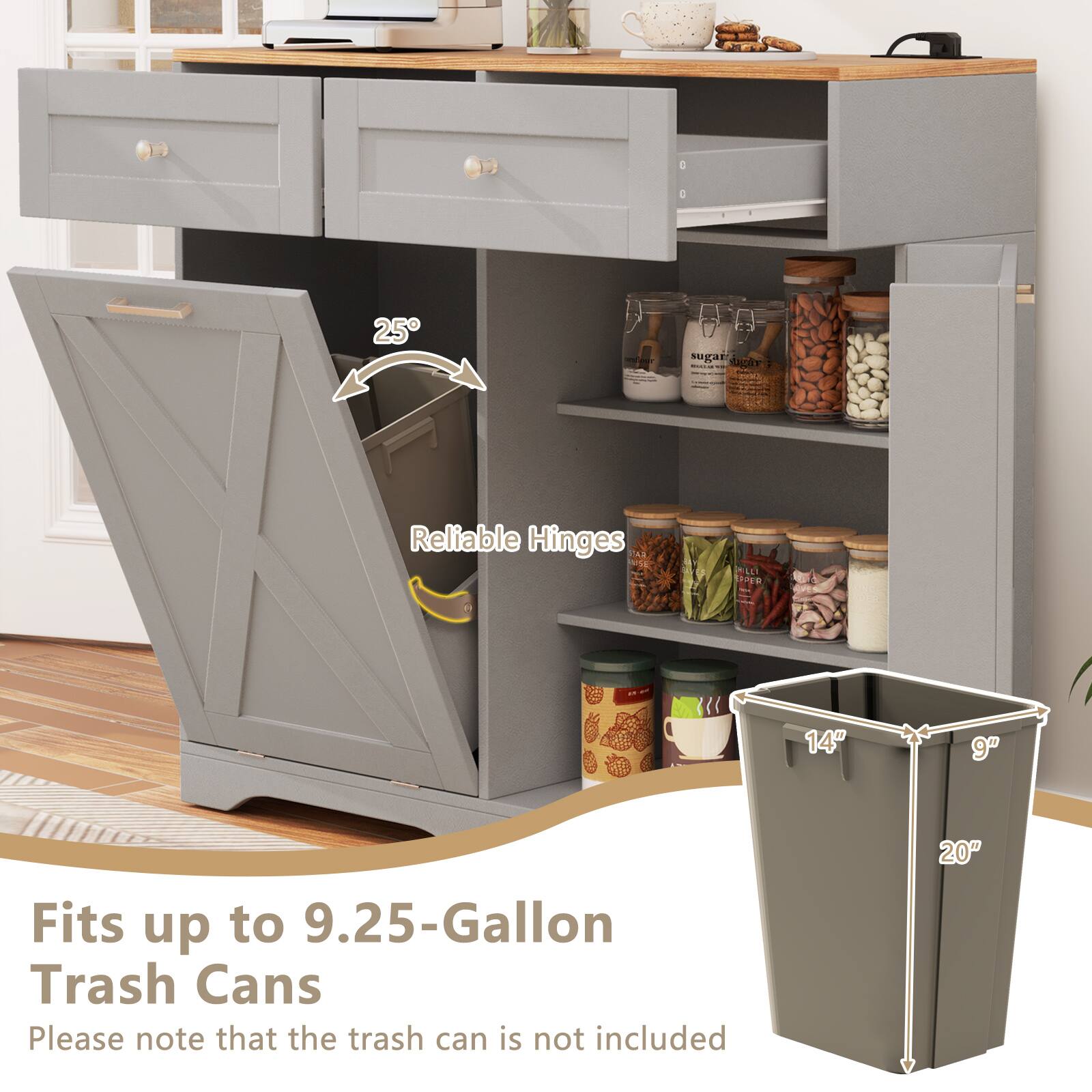 25°  
Reliable Hinges  

Fits up to 9.25-Gallon Trash Cans  
Please note that the trash can is not included  

14" x 9" x 20"