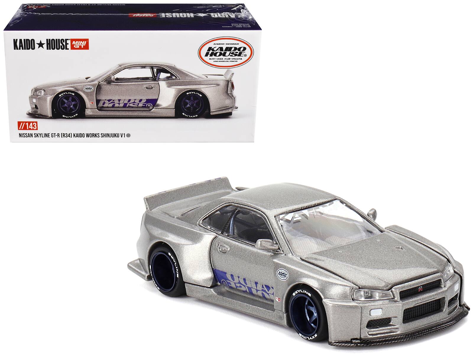 Mini GT - Nissan Skyline GT-R (R34) "Kaido Works Shinjuku V1" RHD Designed by Jun Imai "Kaido House" 1/64 - Silver Metallic