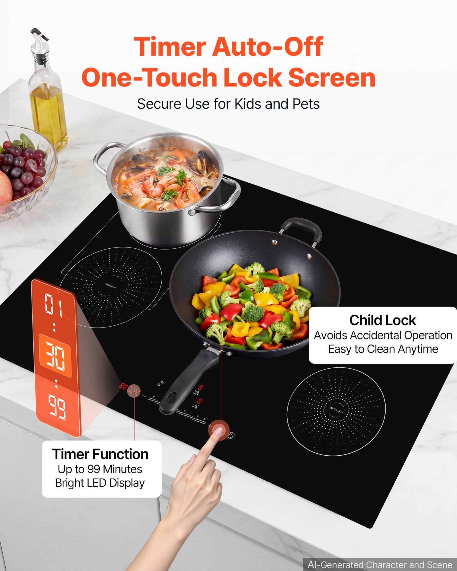 Timer Auto-Off One-Touch Lock Screen  
Secure Use for Kids and Pets  

01 : 30 99  

Child Lock  
Avoids Accidental Operation  
Easy to Clean Anytime  

Timer Function  
Up to 99 Minutes  
Bright LED Display  

AI-Generated Character and Scene