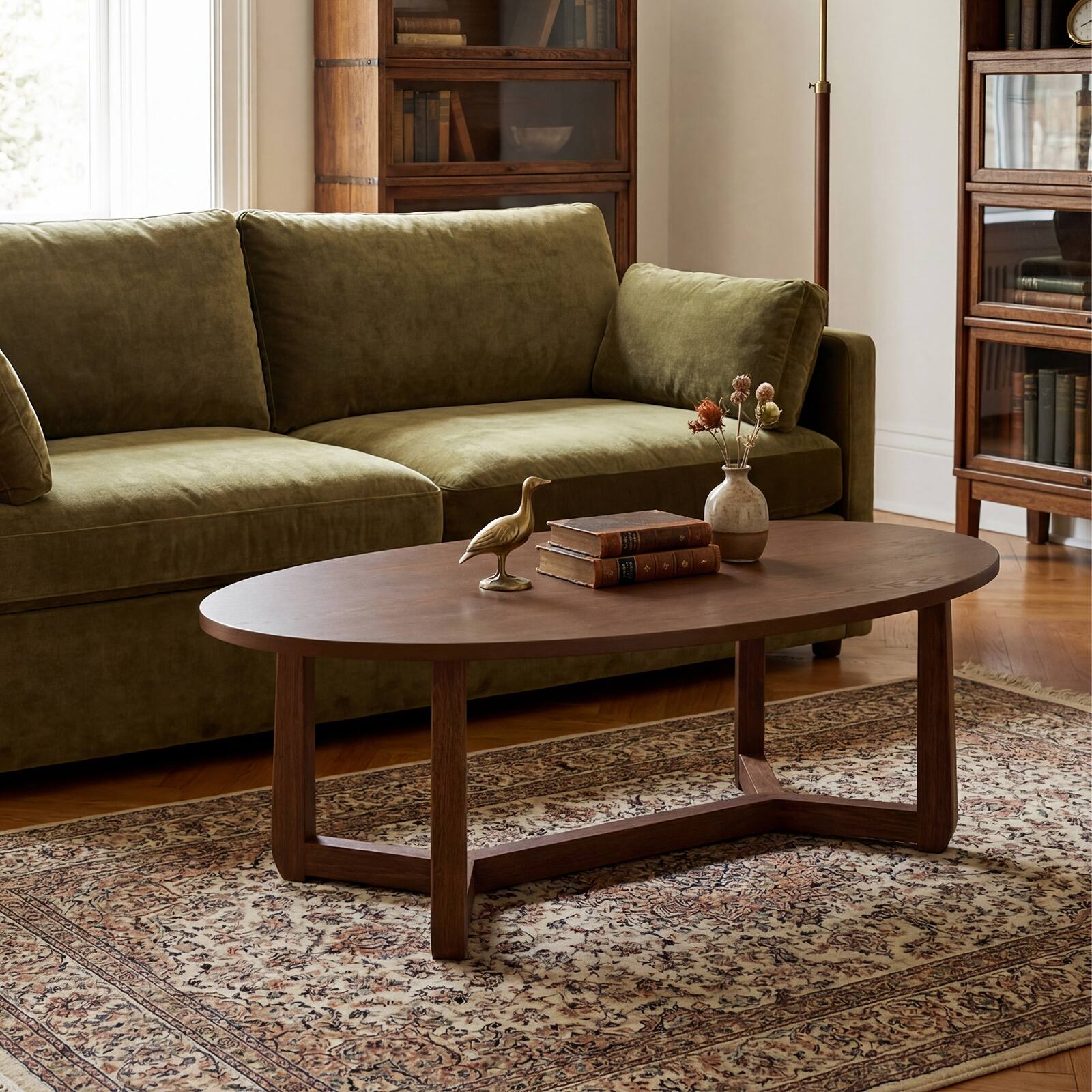 Alt View 1. Costway - Costway 46" Oval Coffee Table with Thickened Top & Solid Rubber Wood Frame for Living Room - Walnut.