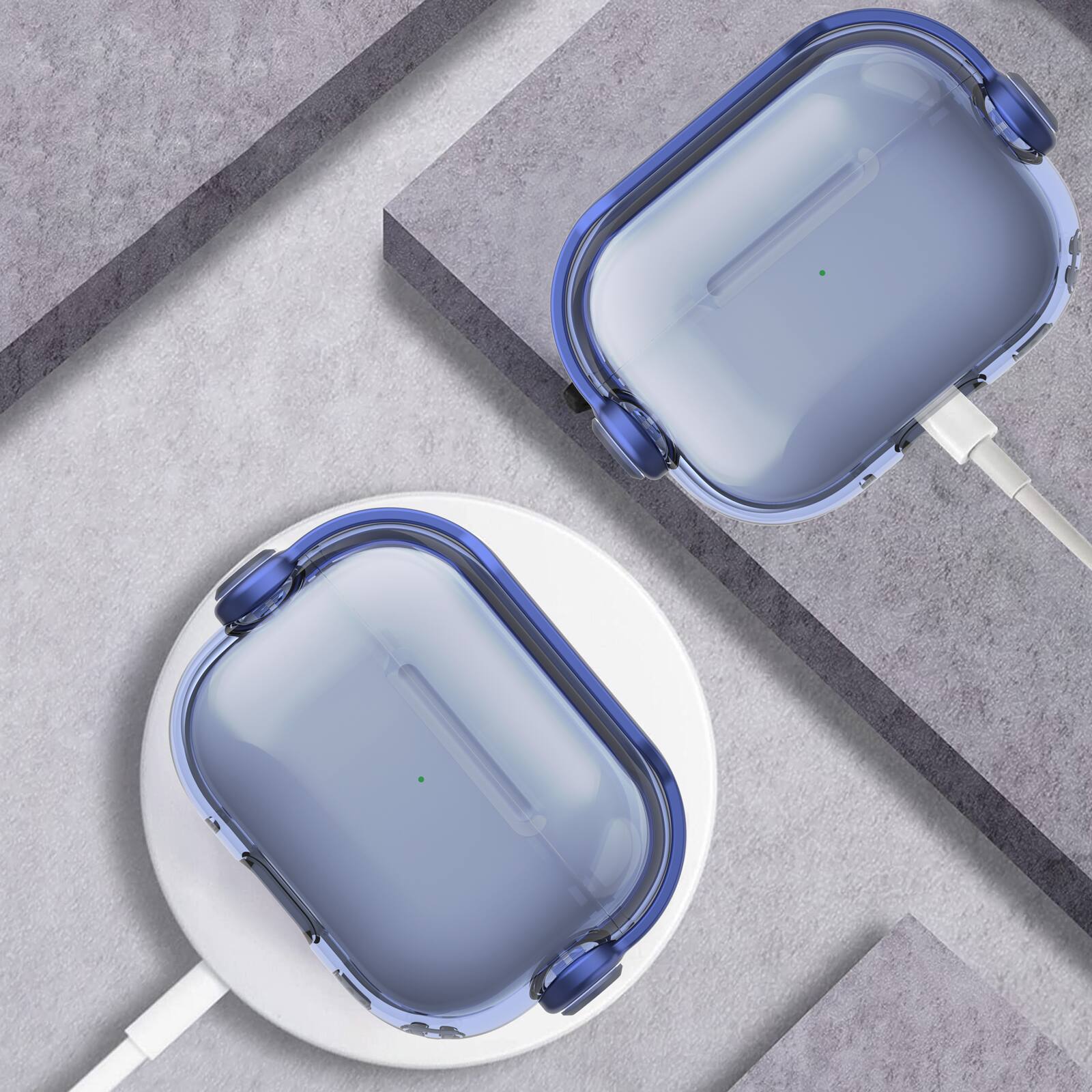 Angle. Dteck - For Apple Airpods 4th/5th Gen Slim Fit Clear Kickstand Shockproof Drop Protection Case With Anti-Loss Ring - Blue.