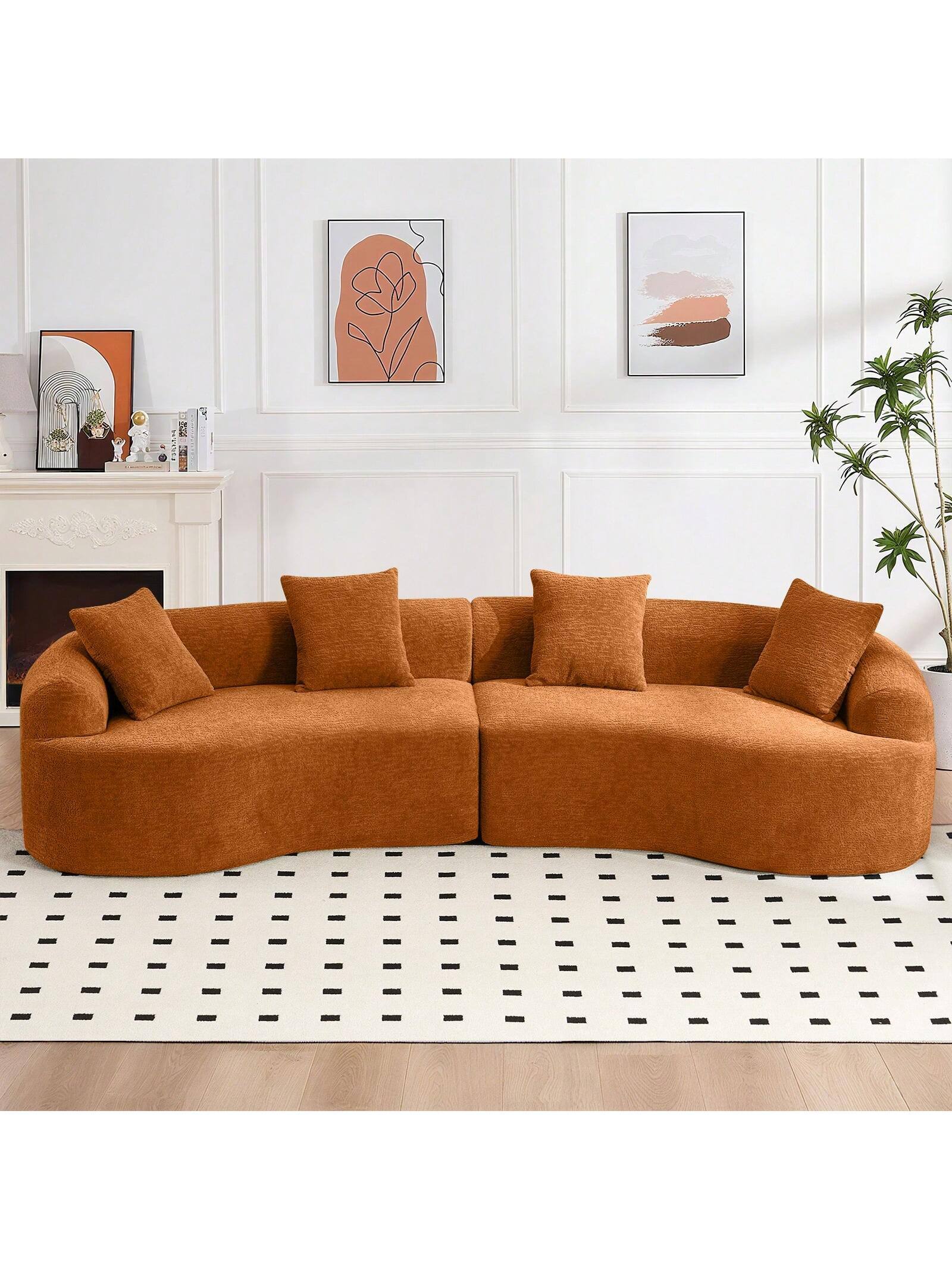 Angle. Trinkets Crazed - 110" Curved Sectional Sofa For Living Room,Deep Seat Cloud Floor Couch With 4 Pillows,Chenille Upholstered Couch - Orange.